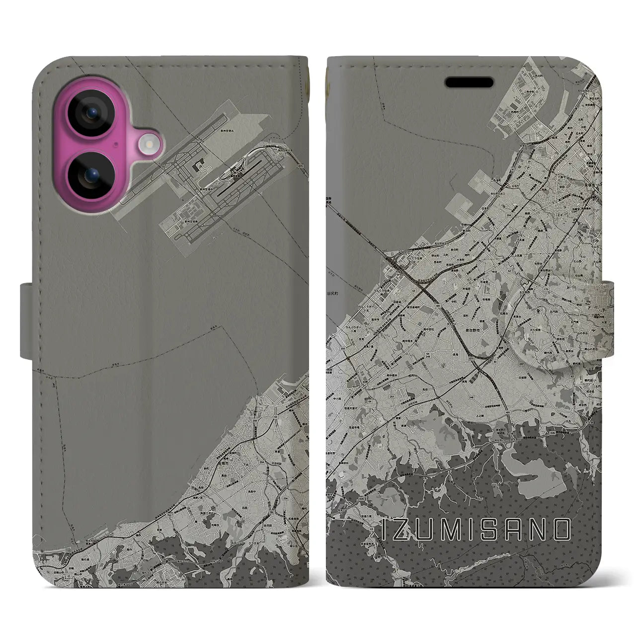 【泉佐野(大阪府)】地図柄iPhoneケース(手帳タイプ)モノトーン・iPhone 16 Pro 用