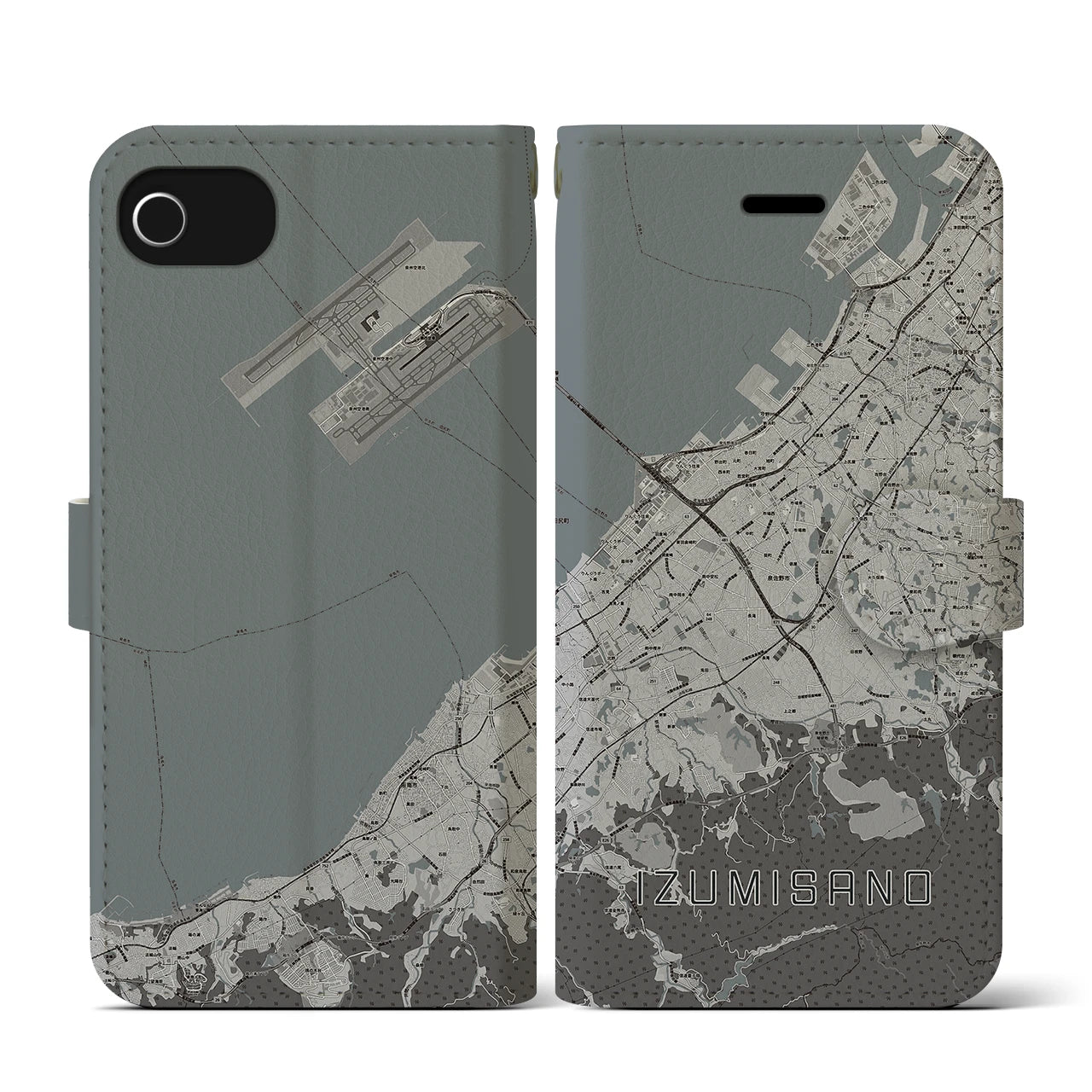 【泉佐野(大阪府)】地図柄iPhoneケース(手帳タイプ)モノトーン・iPhone SE(第3 / 第2世代) / 8 / 7 / 6s / 6 用