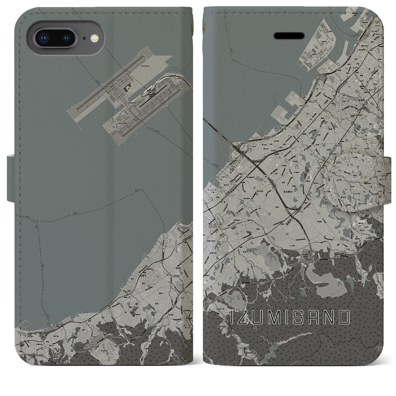 【泉佐野(大阪府)】地図柄iPhoneケース(手帳タイプ)モノトーン・iPhone 8Plus /7Plus / 6sPlus / 6Plus 用