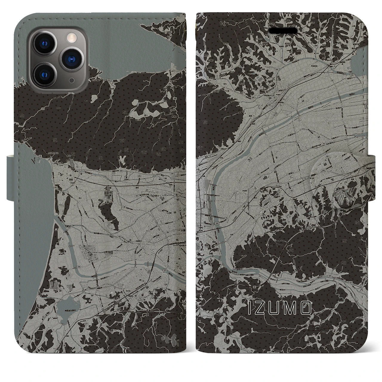 【出雲(島根県)】地図柄iPhoneケース(手帳タイプ)モノトーン・iPhone 11 Pro Max 用