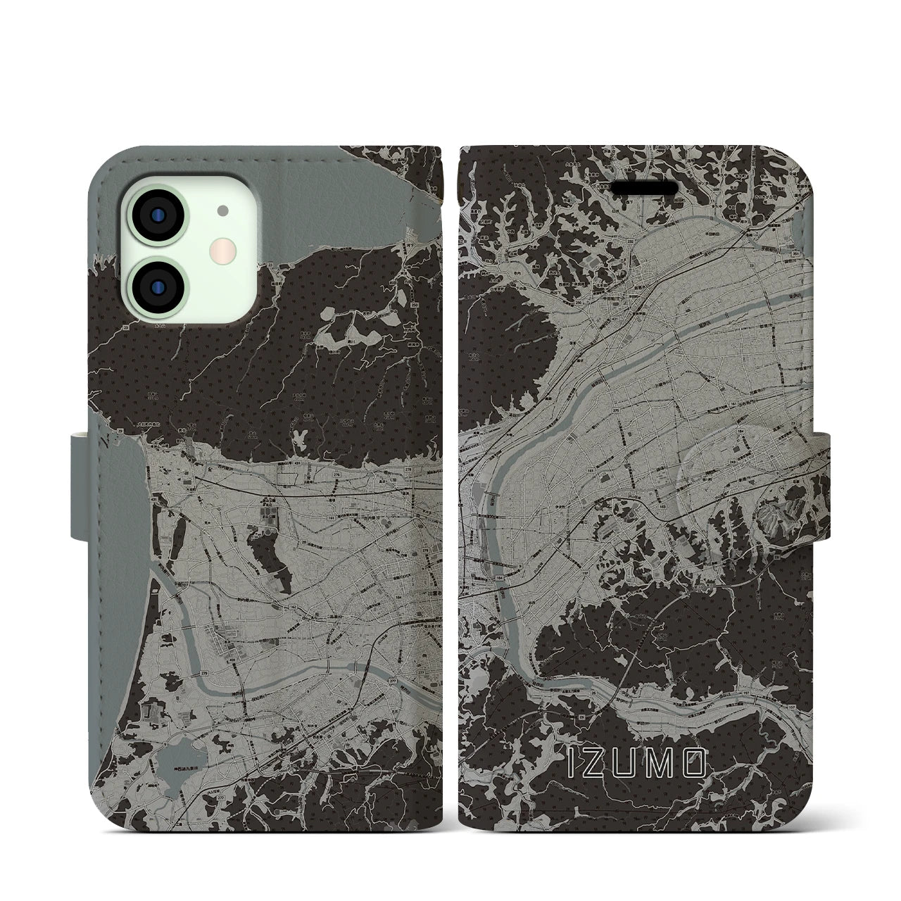 【出雲(島根県)】地図柄iPhoneケース(手帳タイプ)モノトーン・iPhone 12 mini 用
