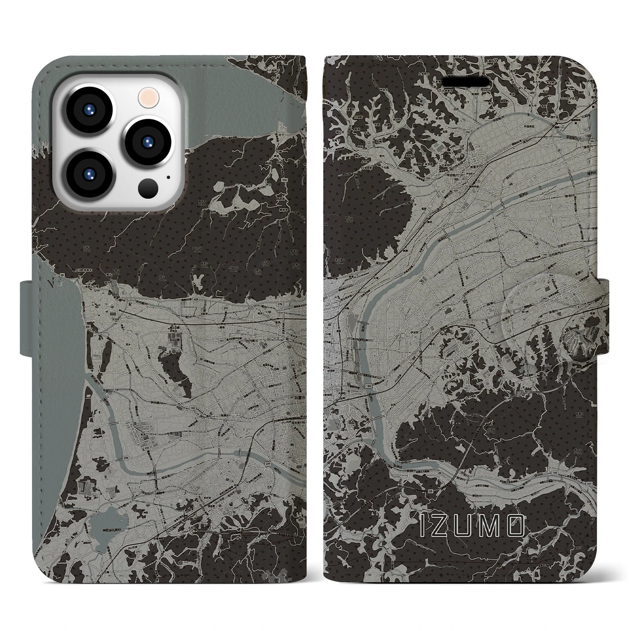 【出雲(島根県)】地図柄iPhoneケース(手帳タイプ)モノトーン・iPhone 13 Pro 用