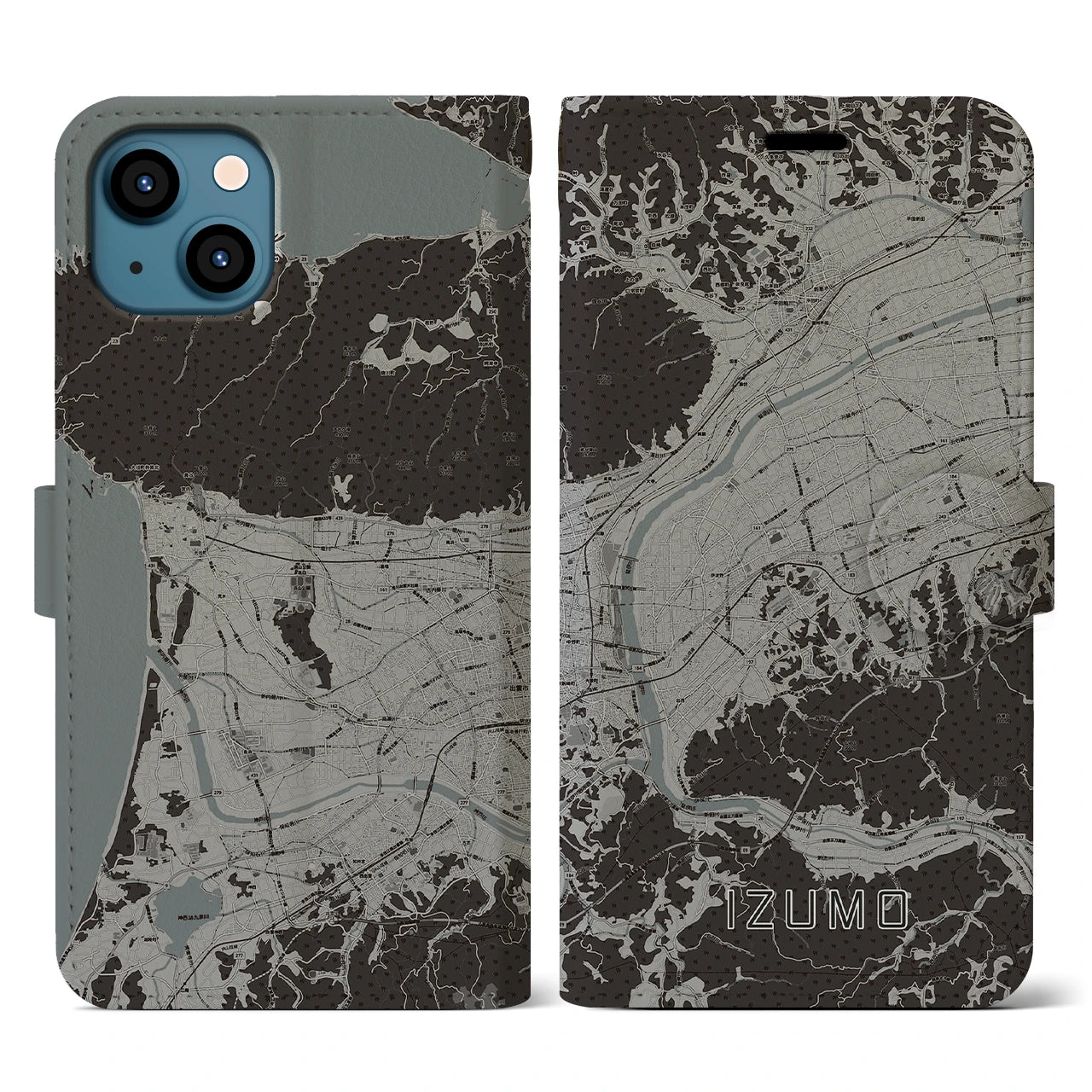 【出雲(島根県)】地図柄iPhoneケース(手帳タイプ)モノトーン・iPhone 13 用