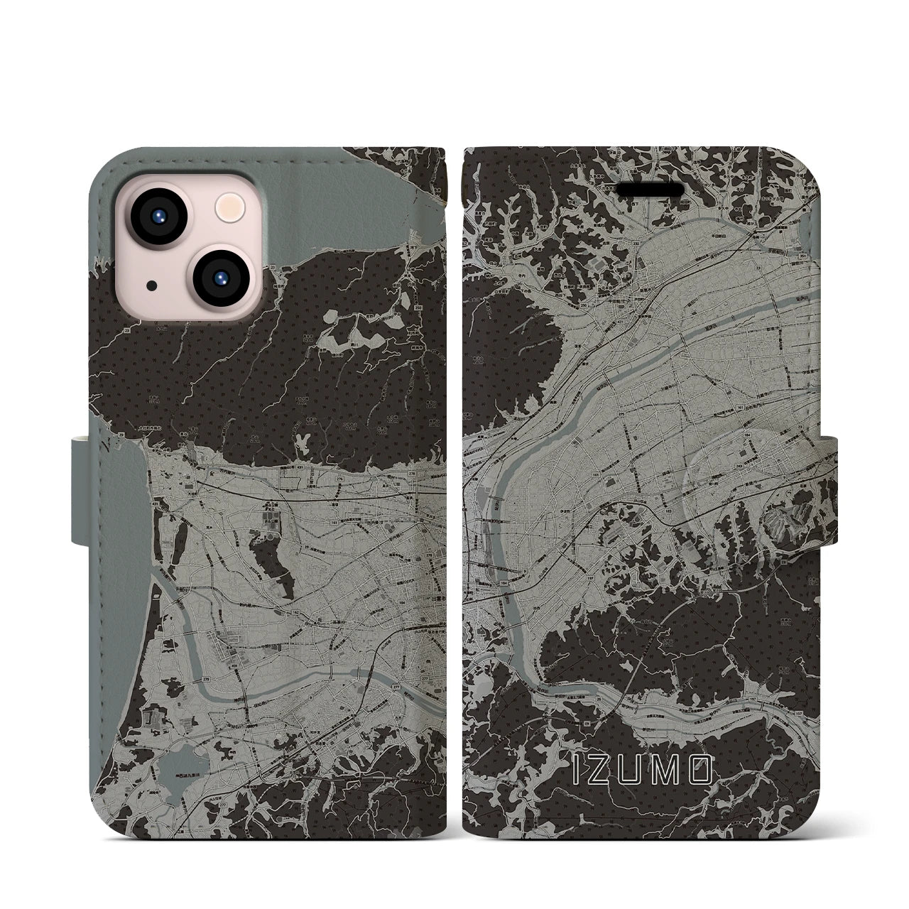 【出雲(島根県)】地図柄iPhoneケース(手帳タイプ)モノトーン・iPhone 13 mini 用