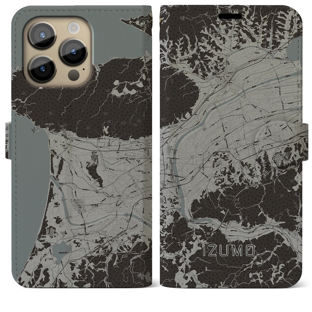 【出雲(島根県)】地図柄iPhoneケース(手帳タイプ)モノトーン・iPhone 14 Pro Max 用