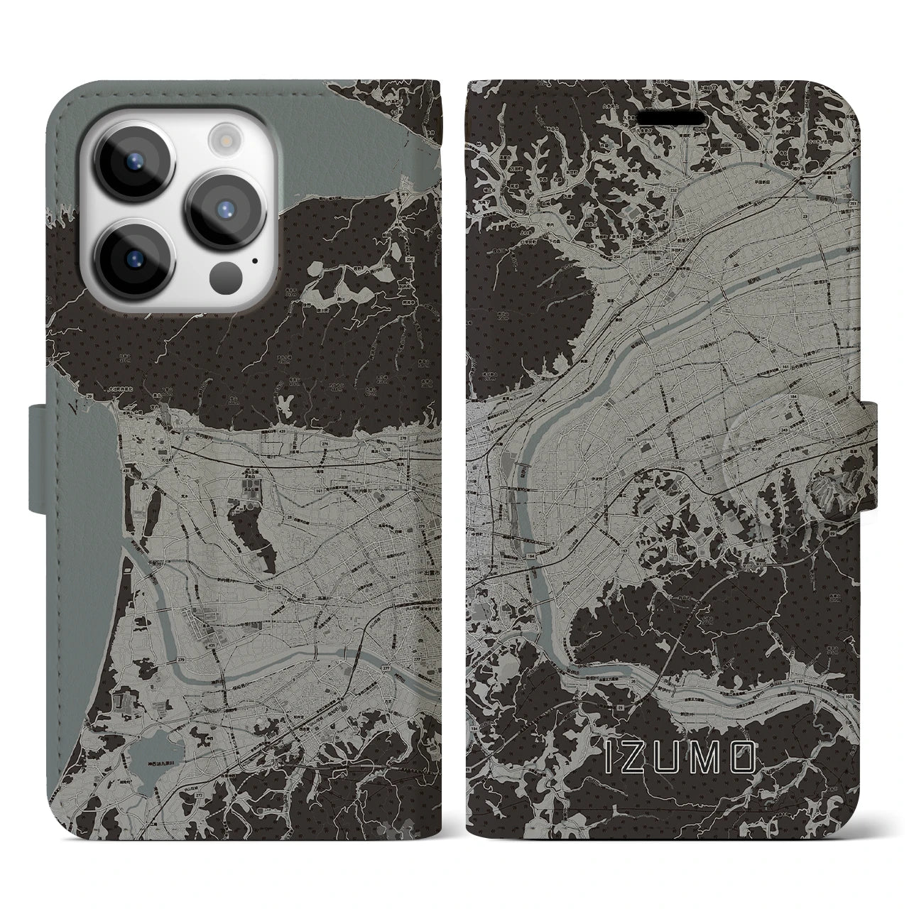 【出雲(島根県)】地図柄iPhoneケース(手帳タイプ)モノトーン・iPhone 14 Pro 用