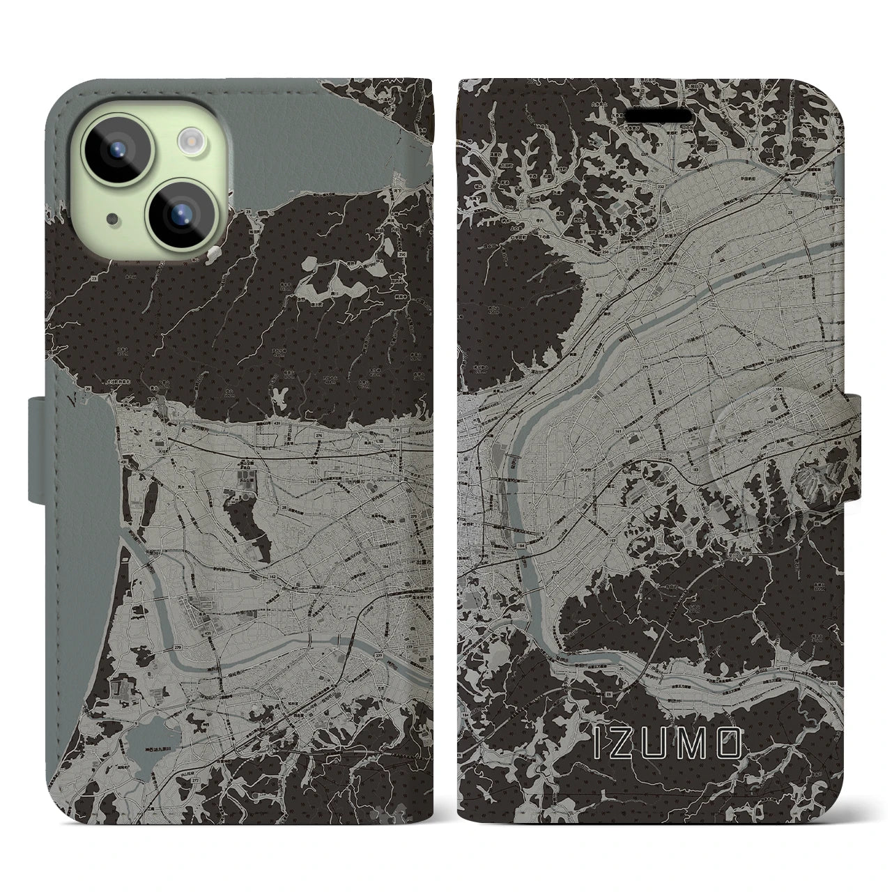 【出雲(島根県)】地図柄iPhoneケース(手帳タイプ)モノトーン・iPhone 15 用