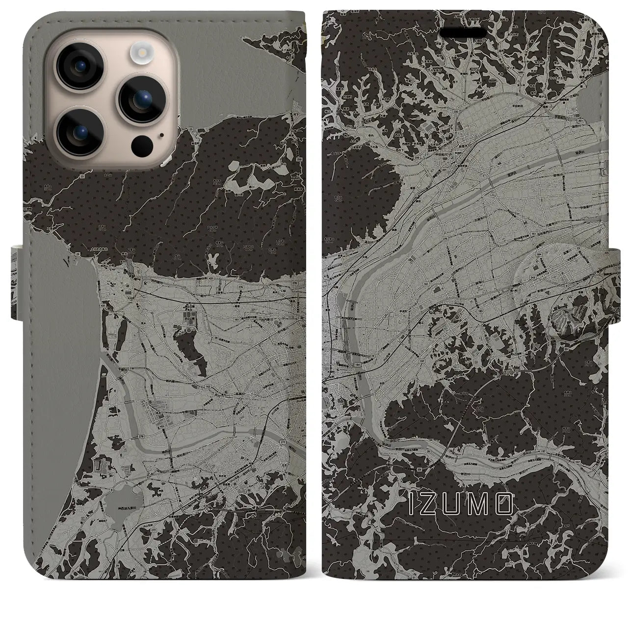 【出雲(島根県)】地図柄iPhoneケース(手帳タイプ)モノトーン・iPhone 16 Plus 用