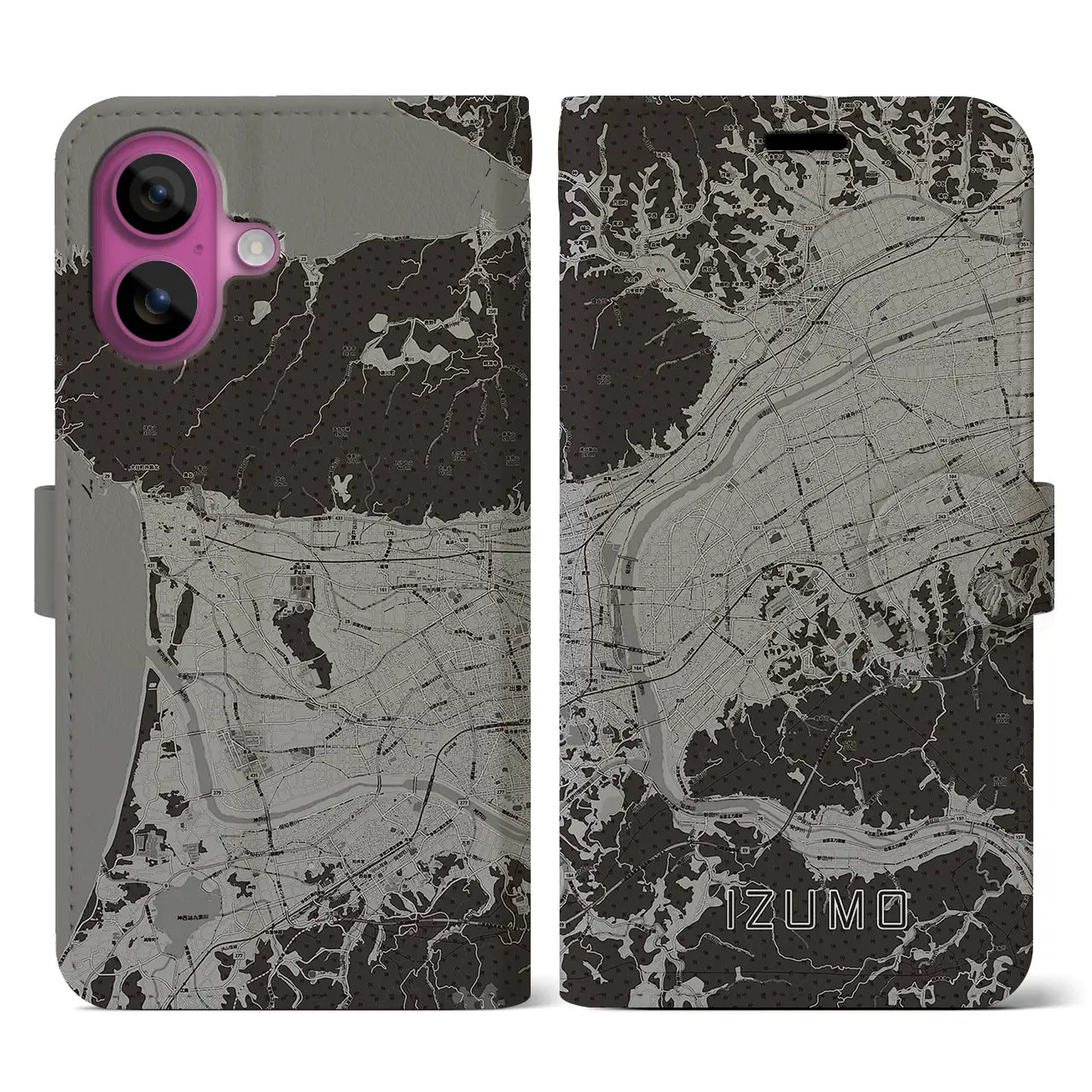 【出雲(島根県)】地図柄iPhoneケース(手帳タイプ)モノトーン・iPhone 16 Pro 用