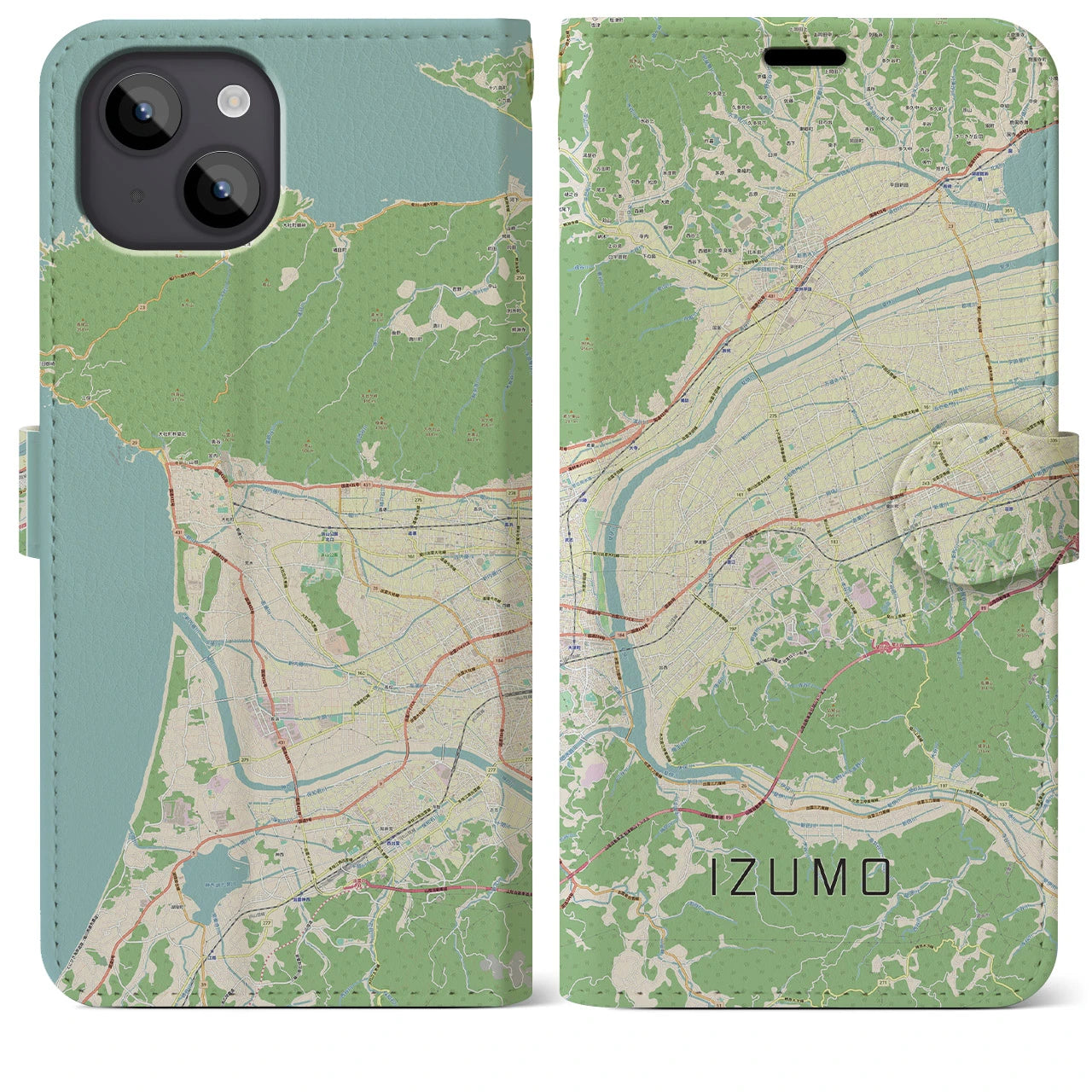 【出雲(島根県)】地図柄iPhoneケース(手帳タイプ)ナチュラル・iPhone 14 Plus 用