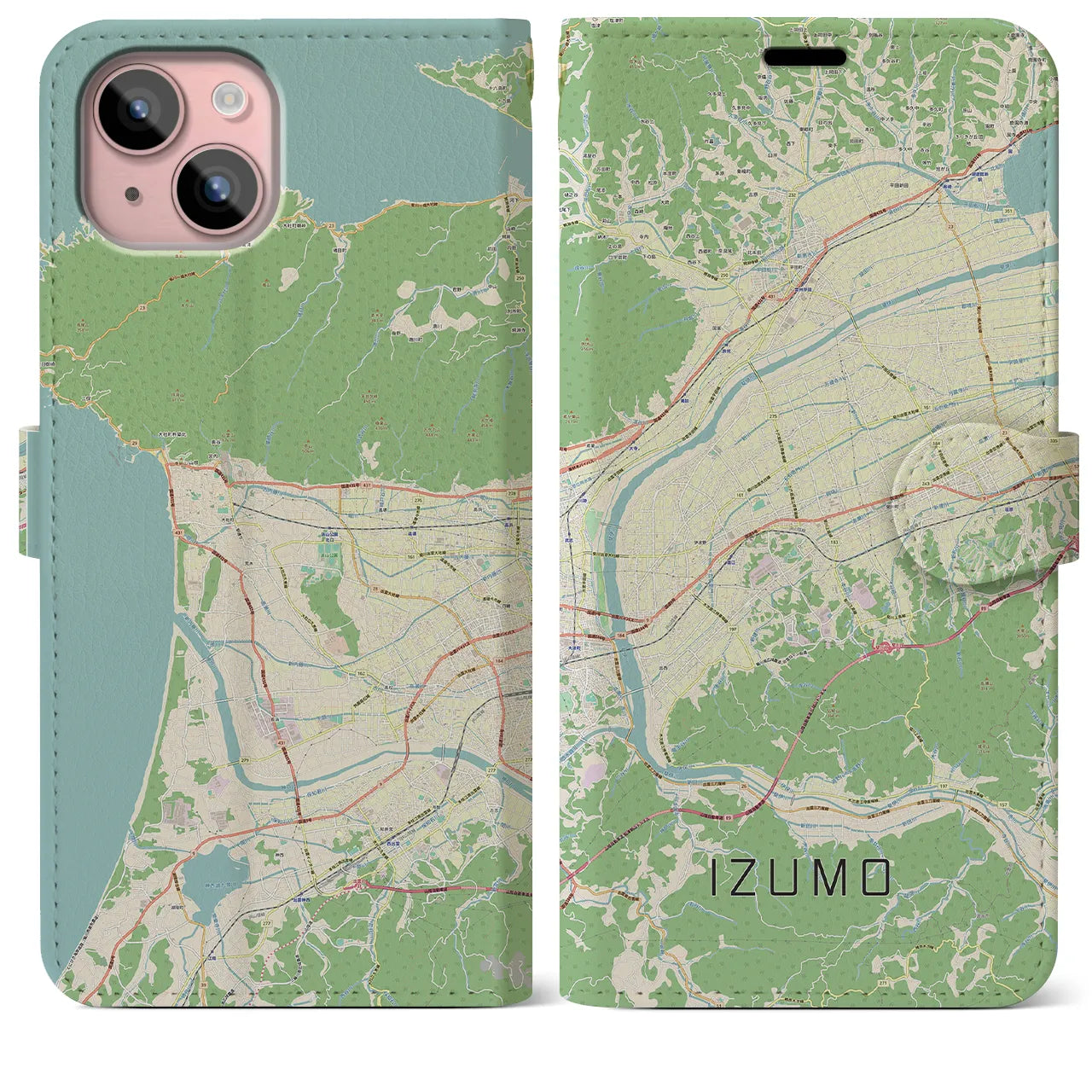 【出雲(島根県)】地図柄iPhoneケース(手帳タイプ)ナチュラル・iPhone 15 Plus 用