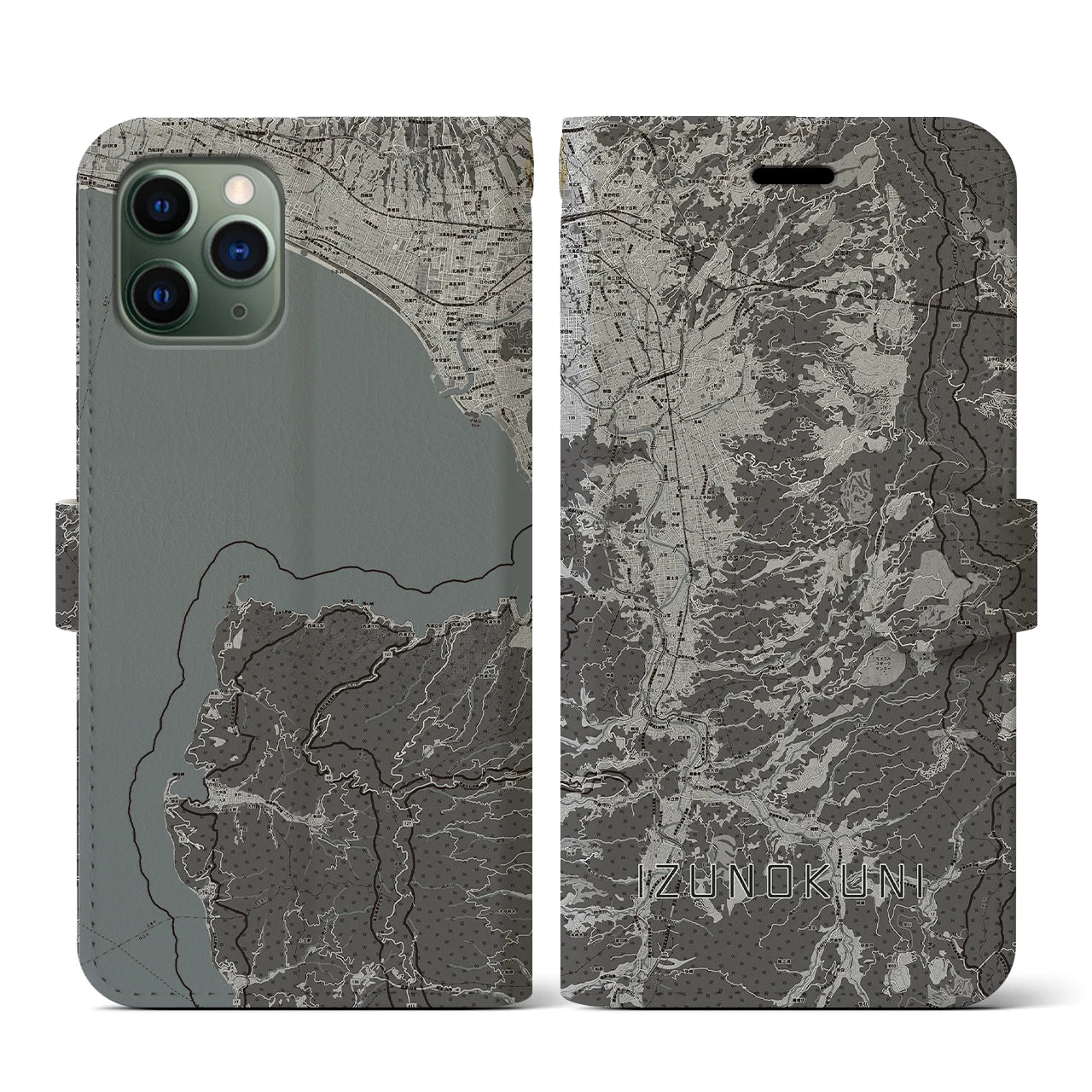 【伊豆の国(静岡県)】地図柄iPhoneケース(手帳タイプ)モノトーン・iPhone 11 Pro 用