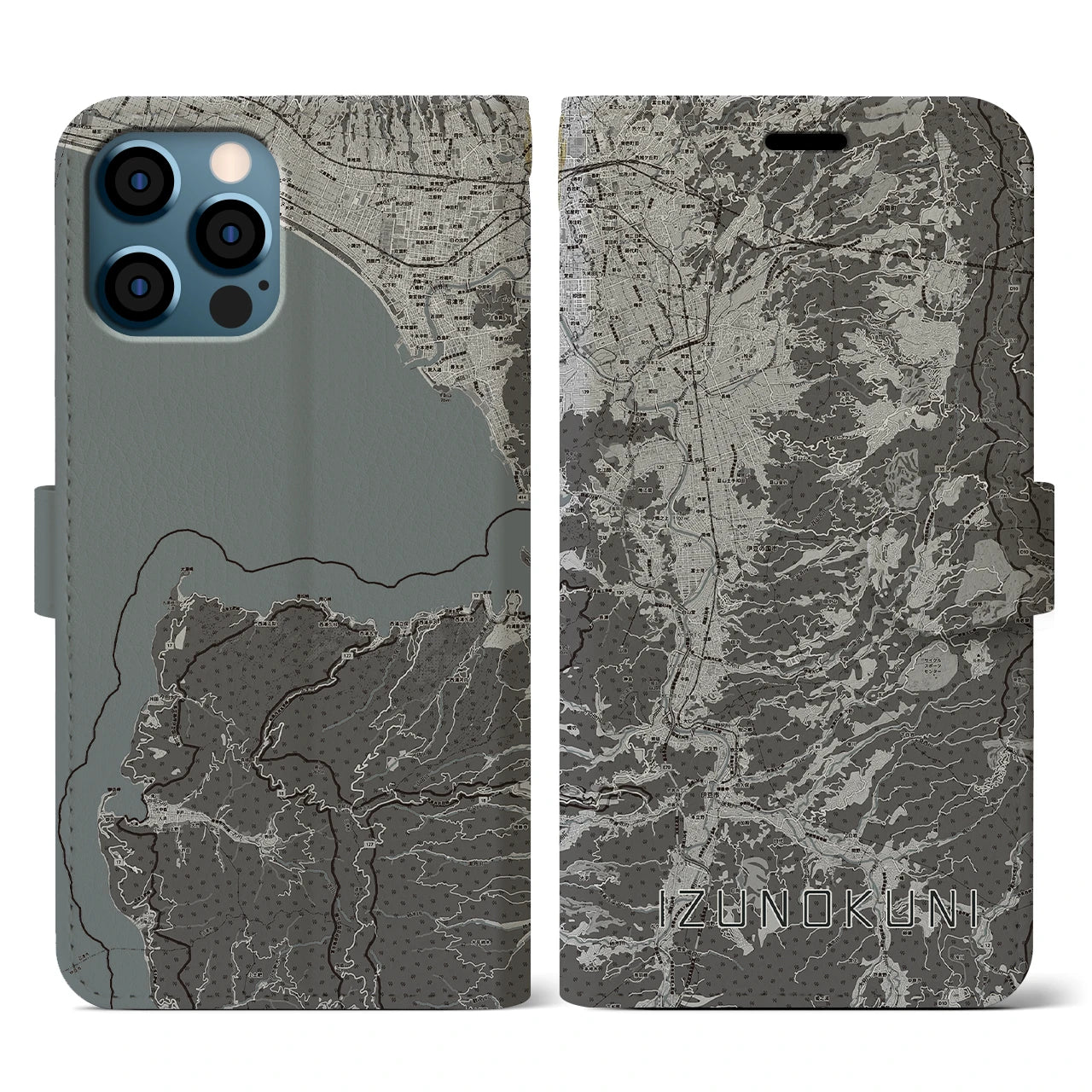 【伊豆の国(静岡県)】地図柄iPhoneケース(手帳タイプ)モノトーン・iPhone 12 / 12 Pro 用