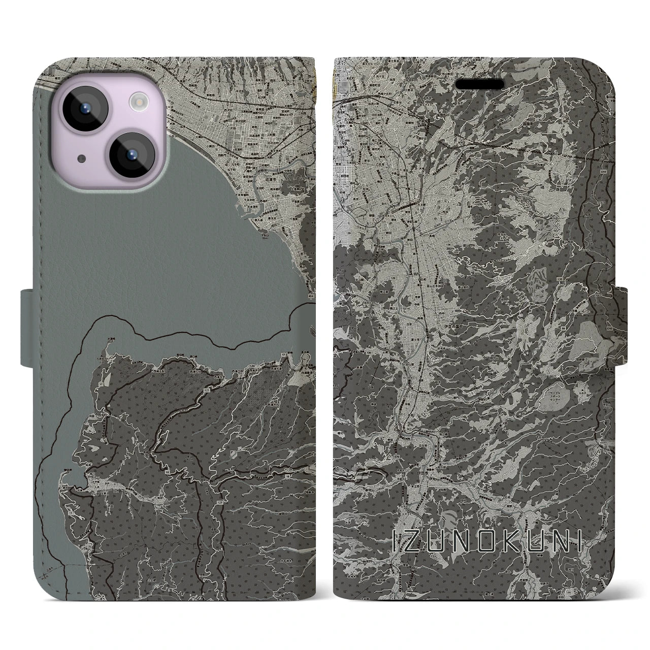 【伊豆の国(静岡県)】地図柄iPhoneケース(手帳タイプ)モノトーン・iPhone 14 用