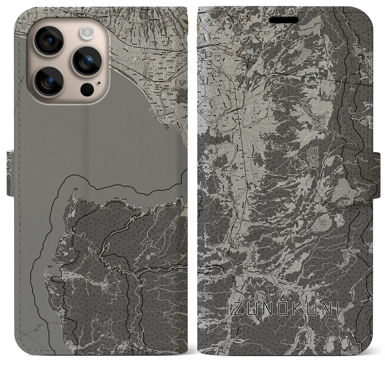 【伊豆の国(静岡県)】地図柄iPhoneケース(手帳タイプ)モノトーン・iPhone 16 Plus 用
