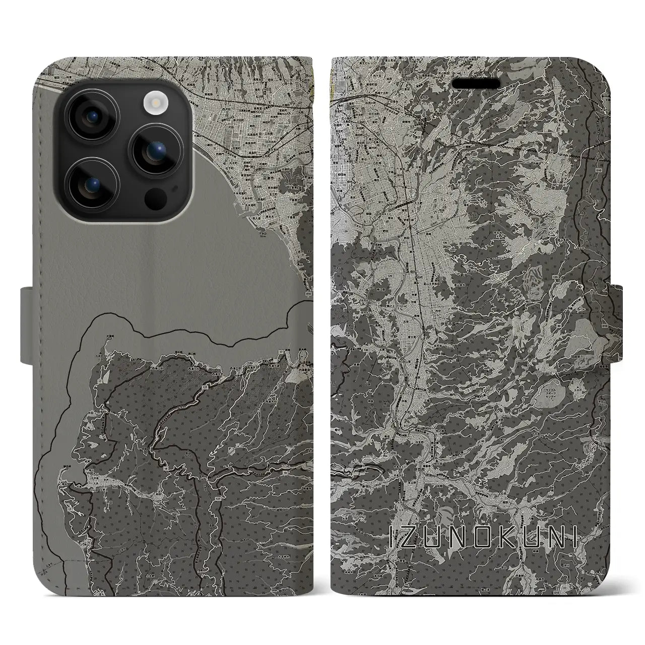 【伊豆の国(静岡県)】地図柄iPhoneケース(手帳タイプ)モノトーン・iPhone 16 用