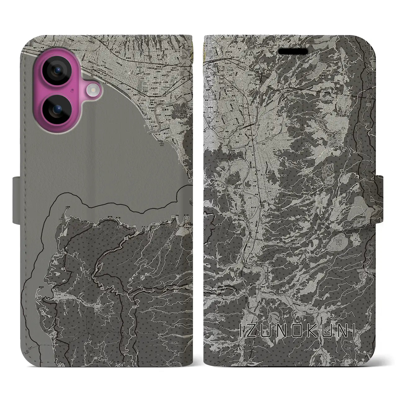 【伊豆の国(静岡県)】地図柄iPhoneケース(手帳タイプ)モノトーン・iPhone 16 Pro 用