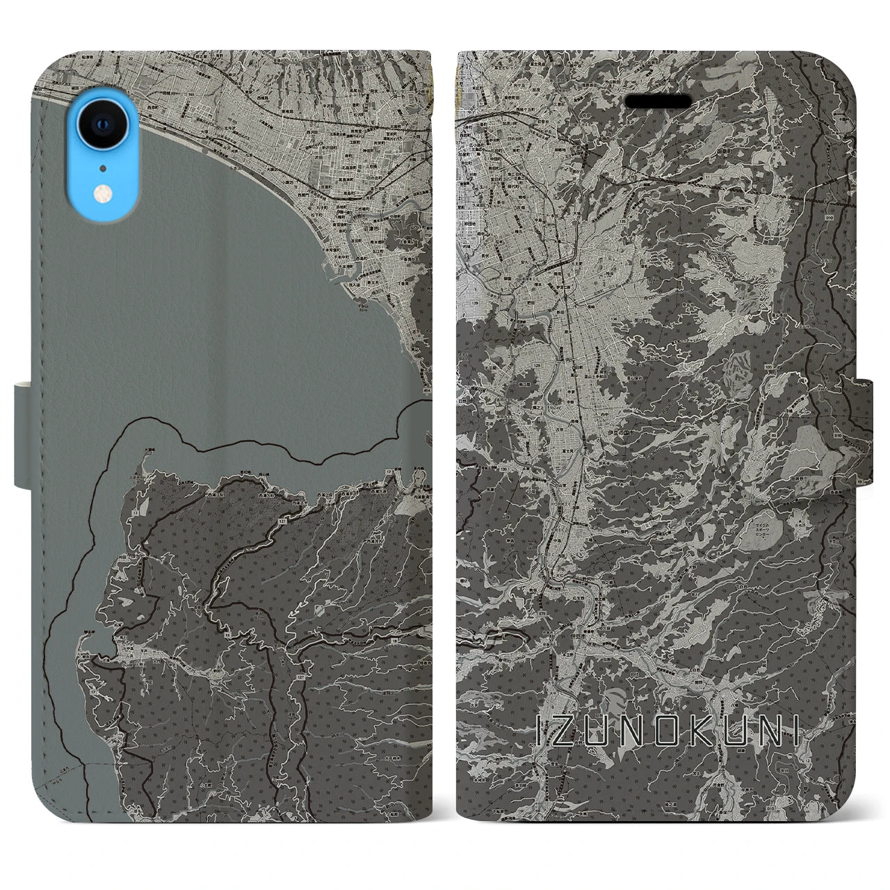【伊豆の国(静岡県)】地図柄iPhoneケース(手帳タイプ)モノトーン・iPhone XR 用