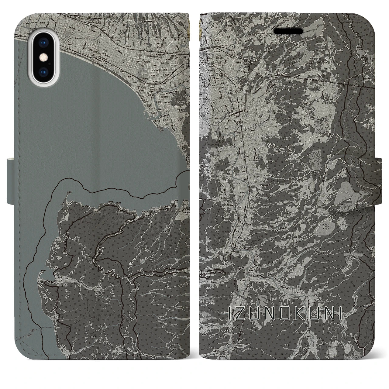 【伊豆の国(静岡県)】地図柄iPhoneケース(手帳タイプ)モノトーン・iPhone XS Max 用