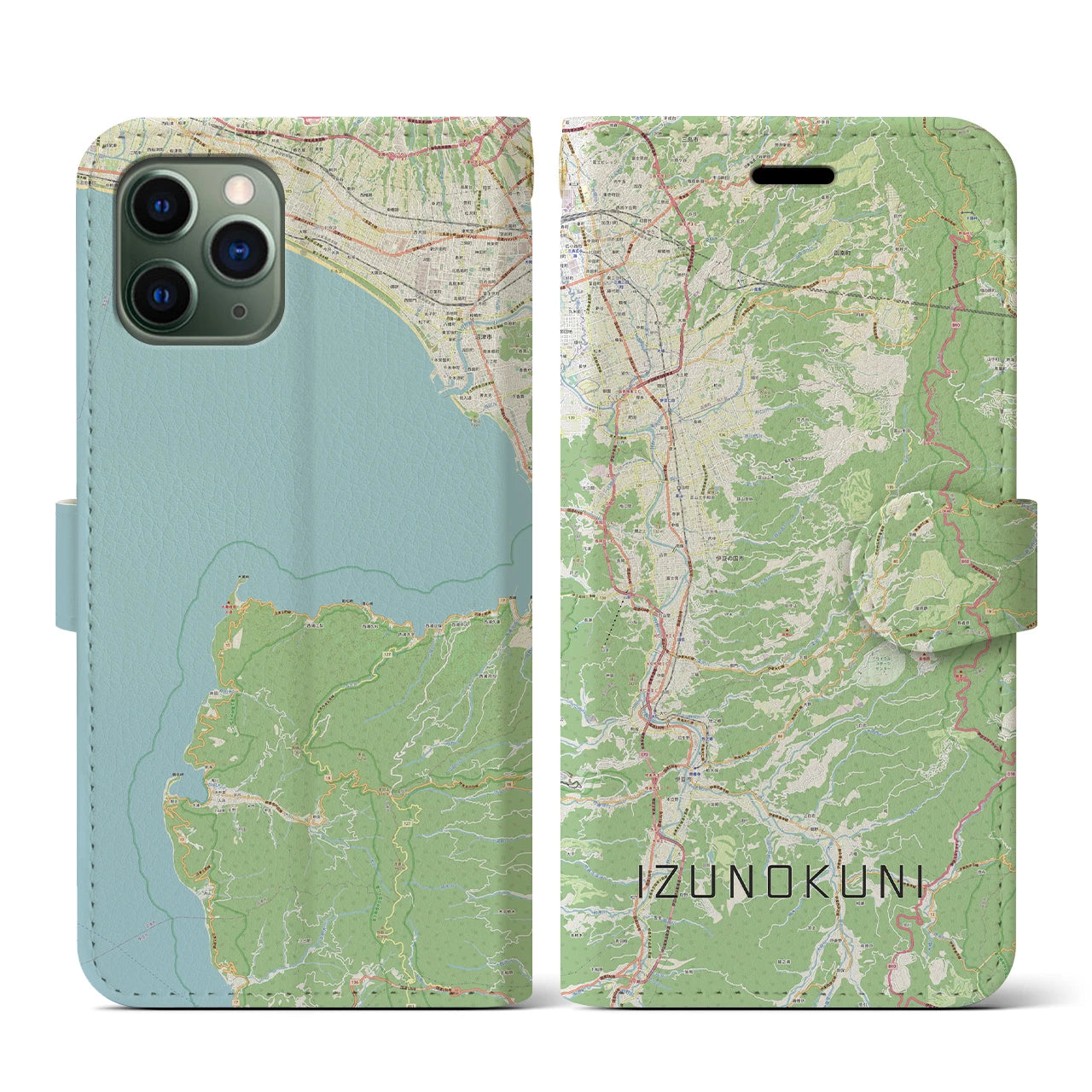 【伊豆の国(静岡県)】地図柄iPhoneケース(手帳タイプ)ナチュラル・iPhone 11 Pro 用