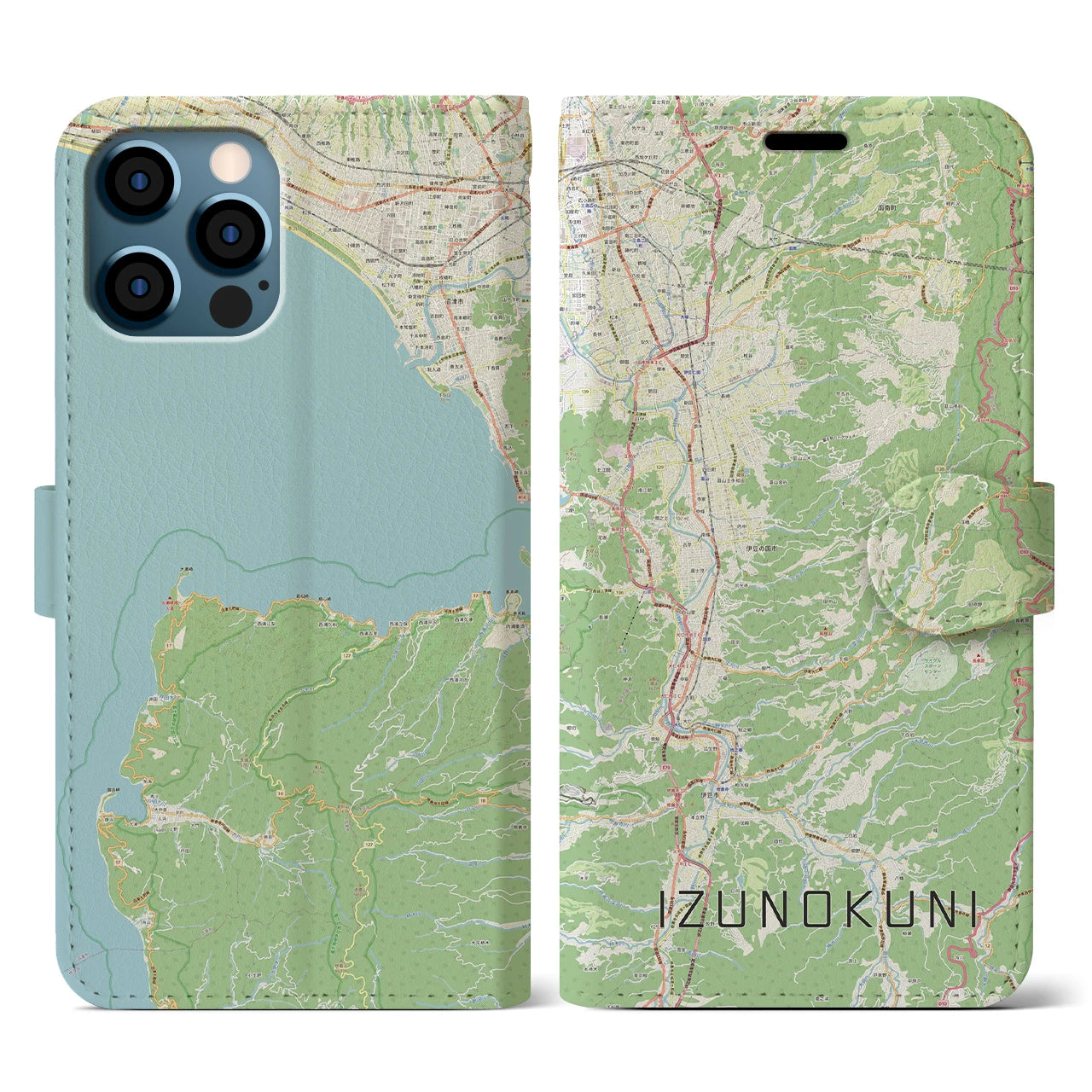 【伊豆の国(静岡県)】地図柄iPhoneケース(手帳タイプ)ナチュラル・iPhone 12 / 12 Pro 用