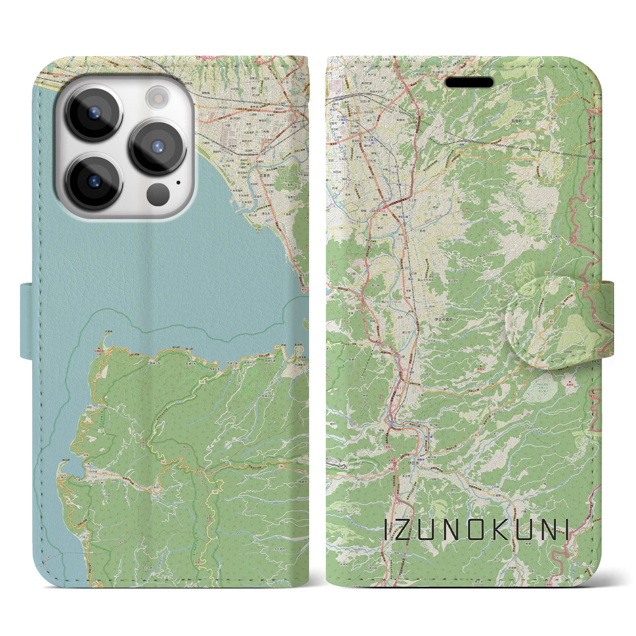 【伊豆の国(静岡県)】地図柄iPhoneケース(手帳タイプ)ナチュラル・iPhone 14 Pro 用