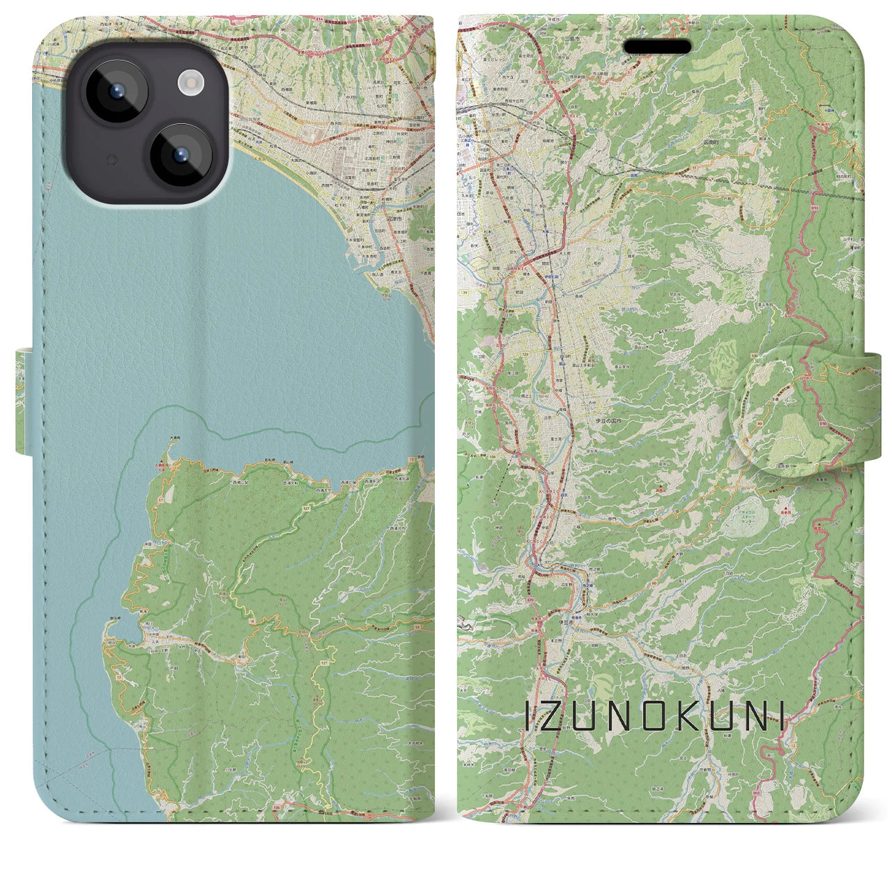 【伊豆の国(静岡県)】地図柄iPhoneケース(手帳タイプ)ナチュラル・iPhone 14 Plus 用