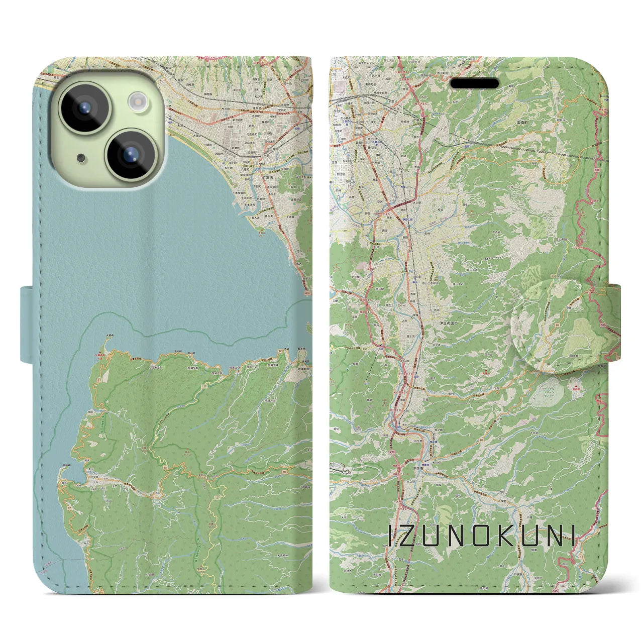 【伊豆の国(静岡県)】地図柄iPhoneケース(手帳タイプ)ナチュラル・iPhone 15 用