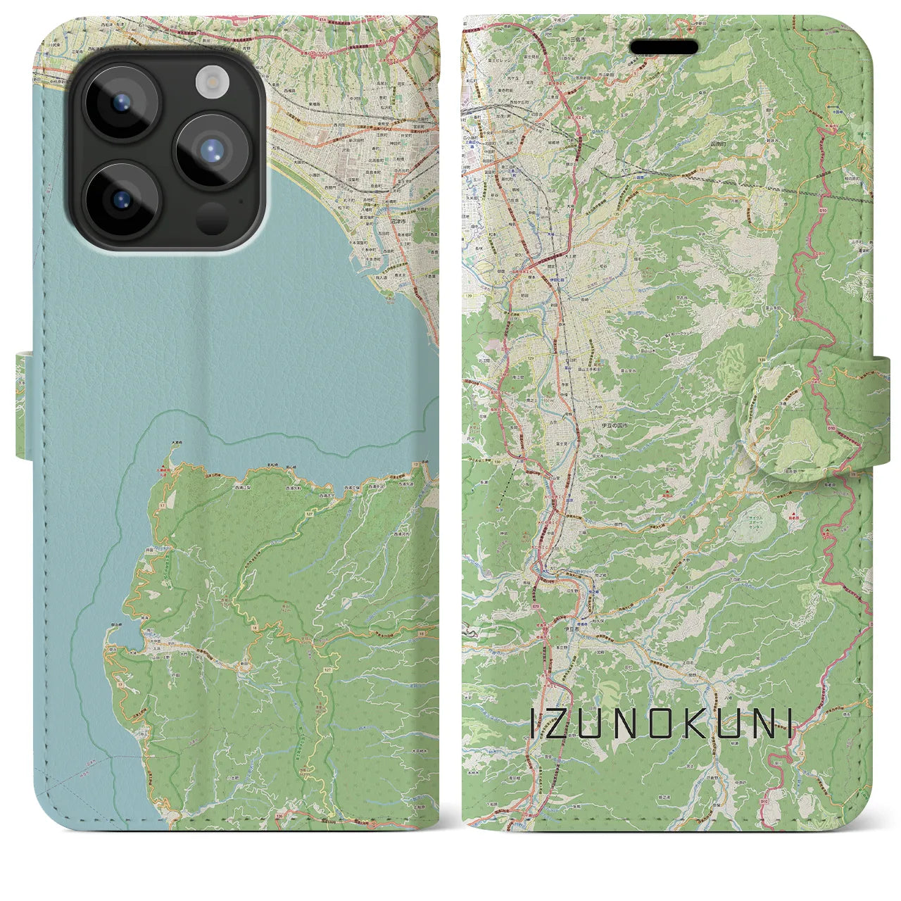 【伊豆の国(静岡県)】地図柄iPhoneケース(手帳タイプ)ナチュラル・iPhone 15 Pro Max 用