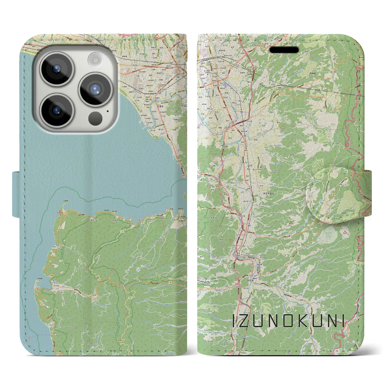 【伊豆の国(静岡県)】地図柄iPhoneケース(手帳タイプ)ナチュラル・iPhone 15 Pro 用