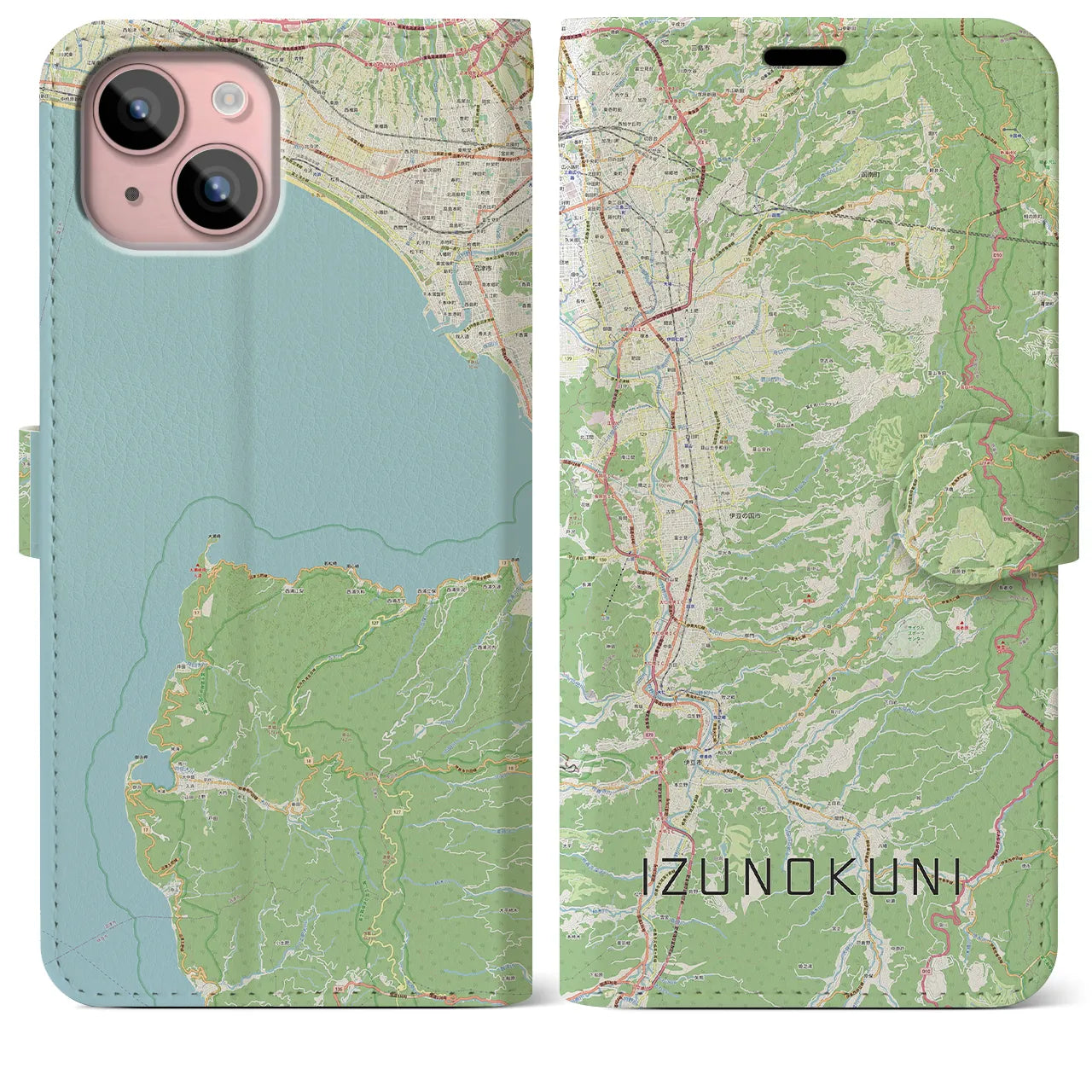 【伊豆の国(静岡県)】地図柄iPhoneケース(手帳タイプ)ナチュラル・iPhone 15 Plus 用