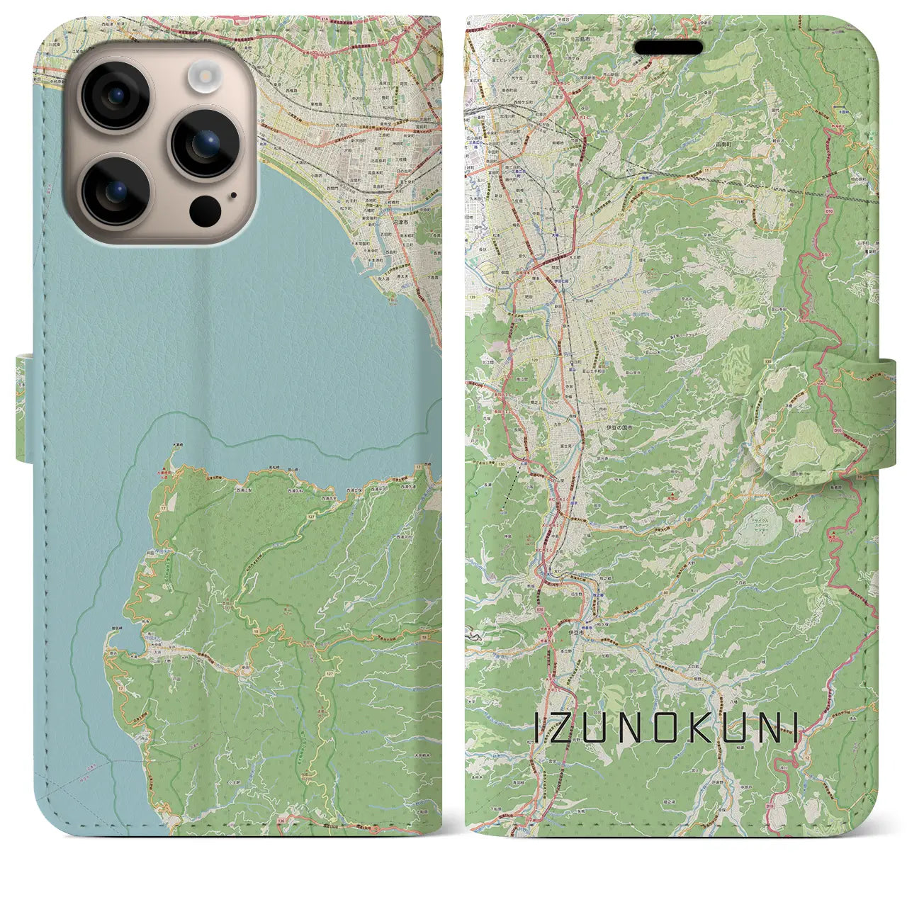 【伊豆の国(静岡県)】地図柄iPhoneケース(手帳タイプ)ナチュラル・iPhone 16 Plus 用