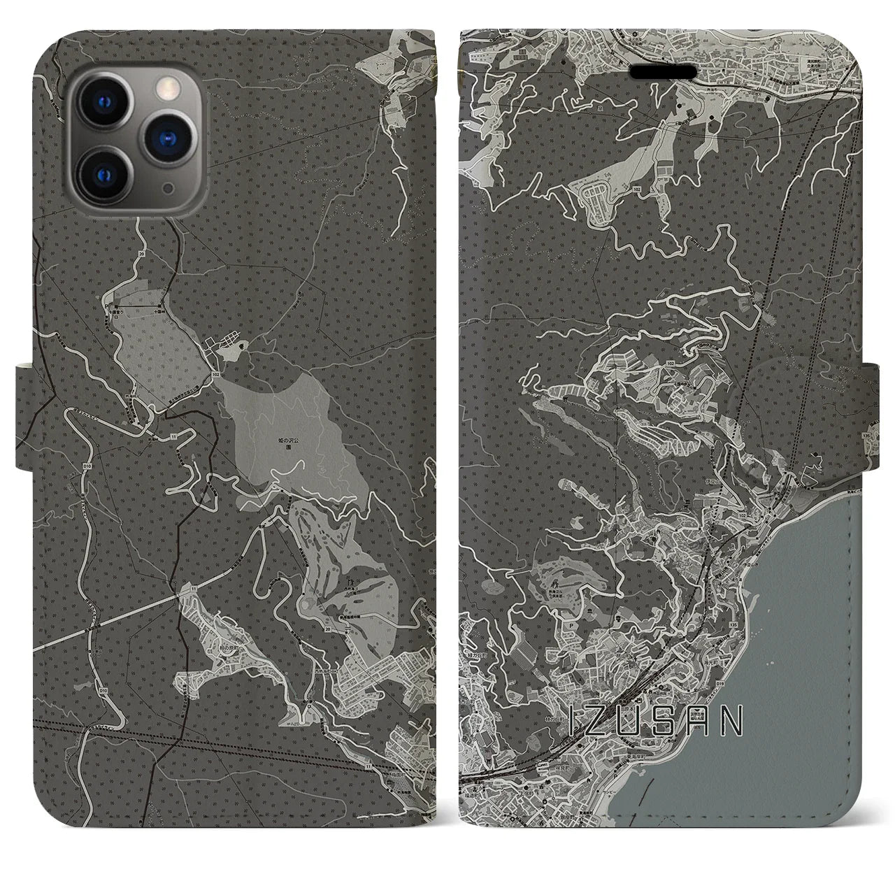 【伊豆山(静岡県)】地図柄iPhoneケース(手帳タイプ)モノトーン・iPhone 11 Pro Max 用