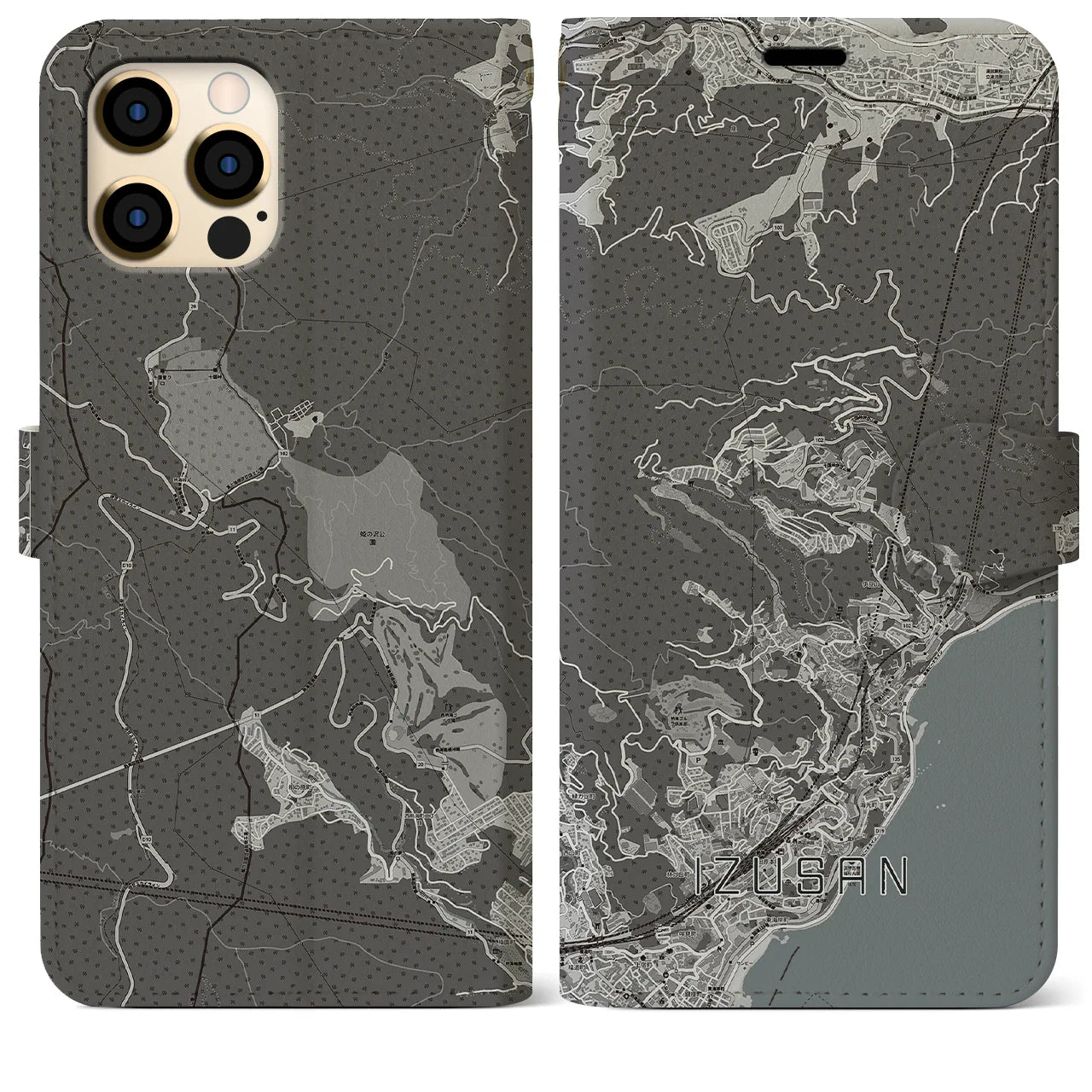 【伊豆山(静岡県)】地図柄iPhoneケース(手帳タイプ)モノトーン・iPhone 12 Pro Max 用