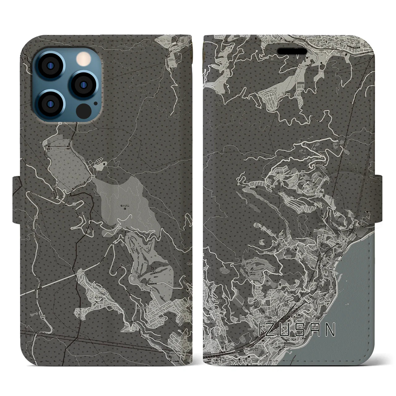 【伊豆山(静岡県)】地図柄iPhoneケース(手帳タイプ)モノトーン・iPhone 12 / 12 Pro 用