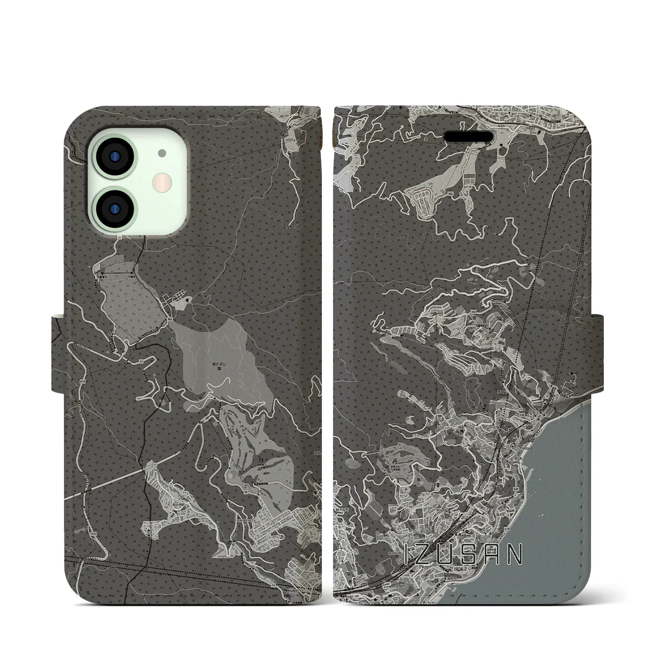 【伊豆山(静岡県)】地図柄iPhoneケース(手帳タイプ)モノトーン・iPhone 12 mini 用