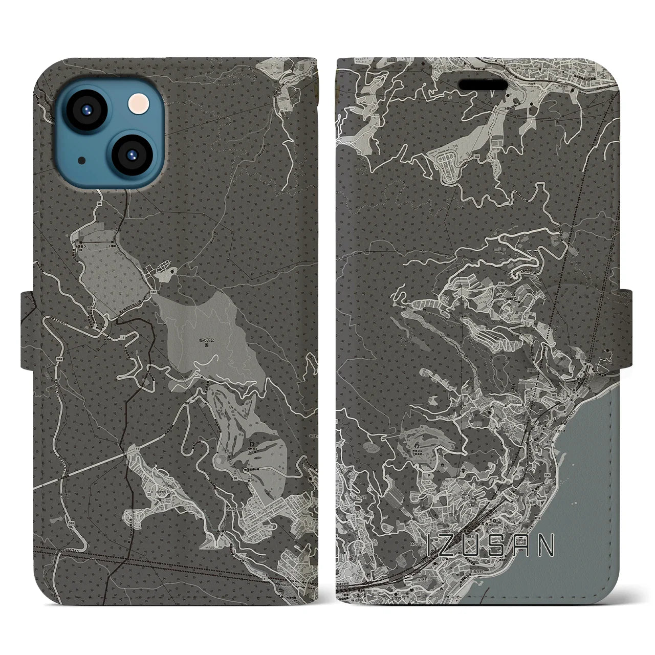 【伊豆山(静岡県)】地図柄iPhoneケース(手帳タイプ)モノトーン・iPhone 13 用
