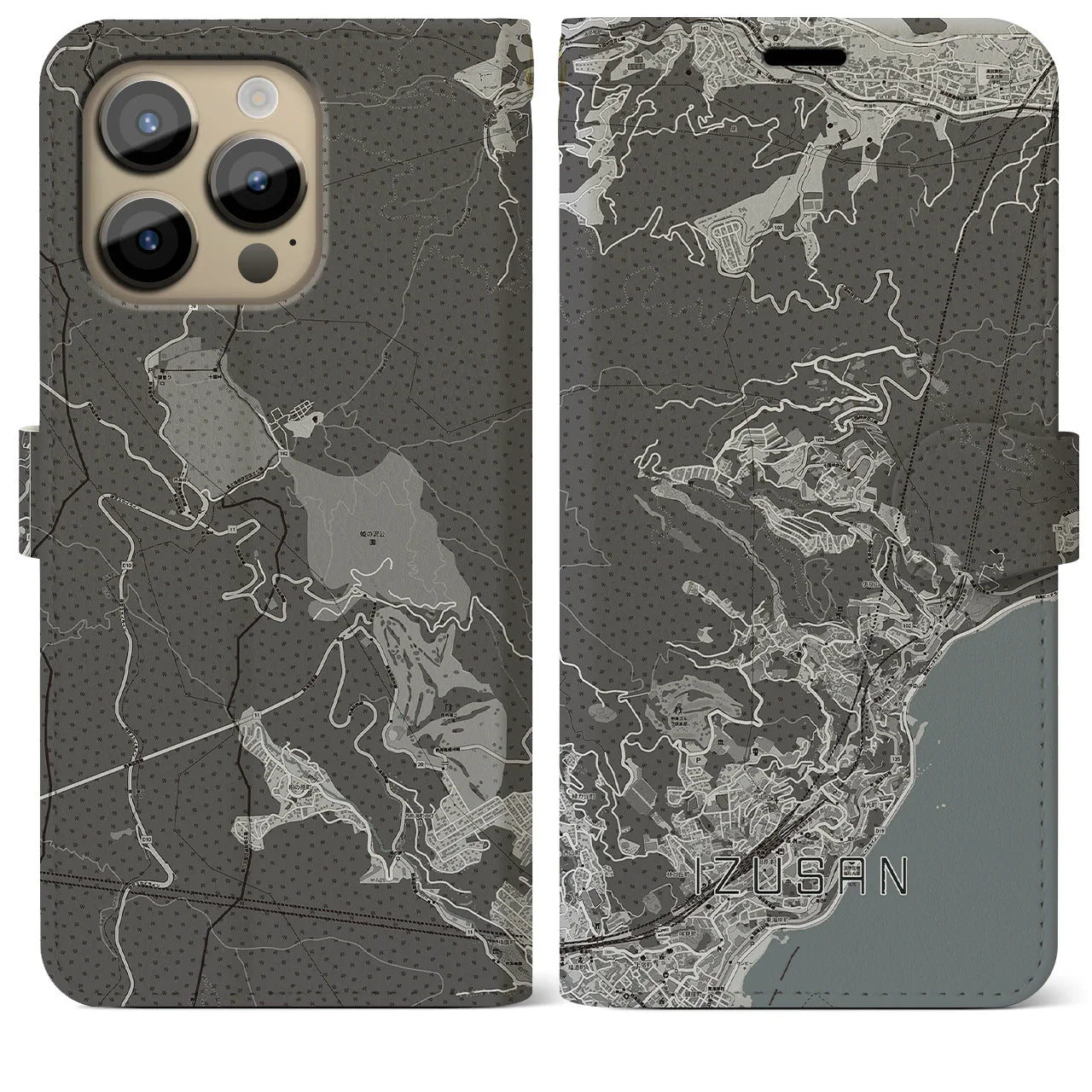 【伊豆山(静岡県)】地図柄iPhoneケース(手帳タイプ)モノトーン・iPhone 14 Pro Max 用