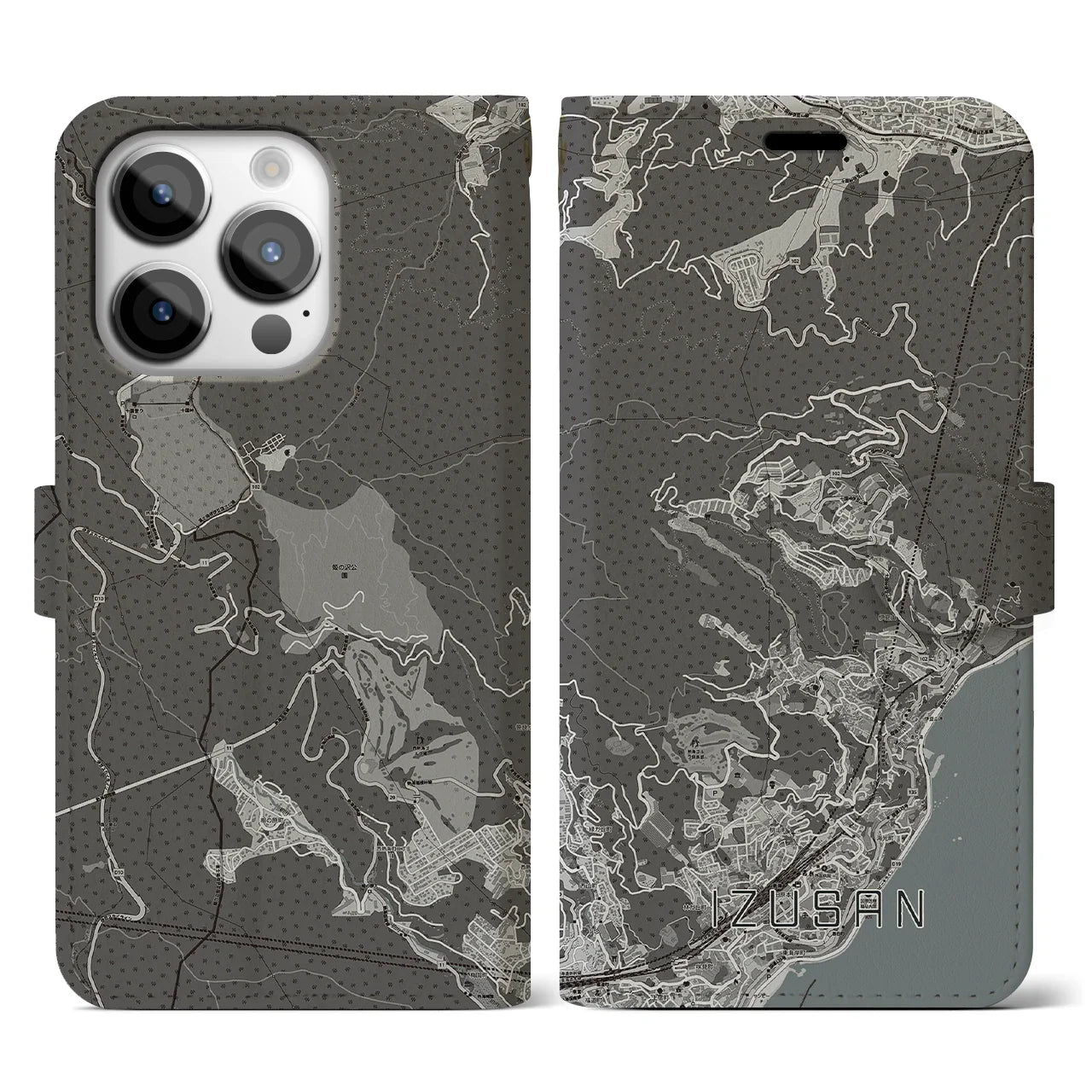 【伊豆山(静岡県)】地図柄iPhoneケース(手帳タイプ)モノトーン・iPhone 14 Pro 用