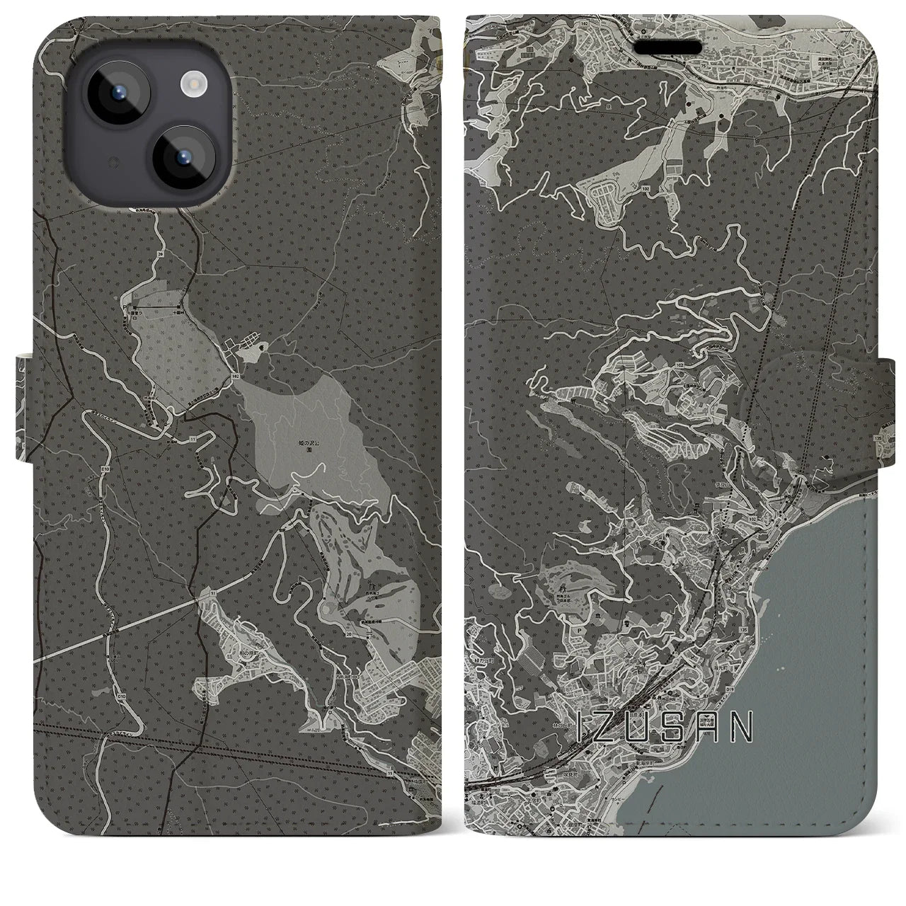 【伊豆山(静岡県)】地図柄iPhoneケース(手帳タイプ)モノトーン・iPhone 14 Plus 用