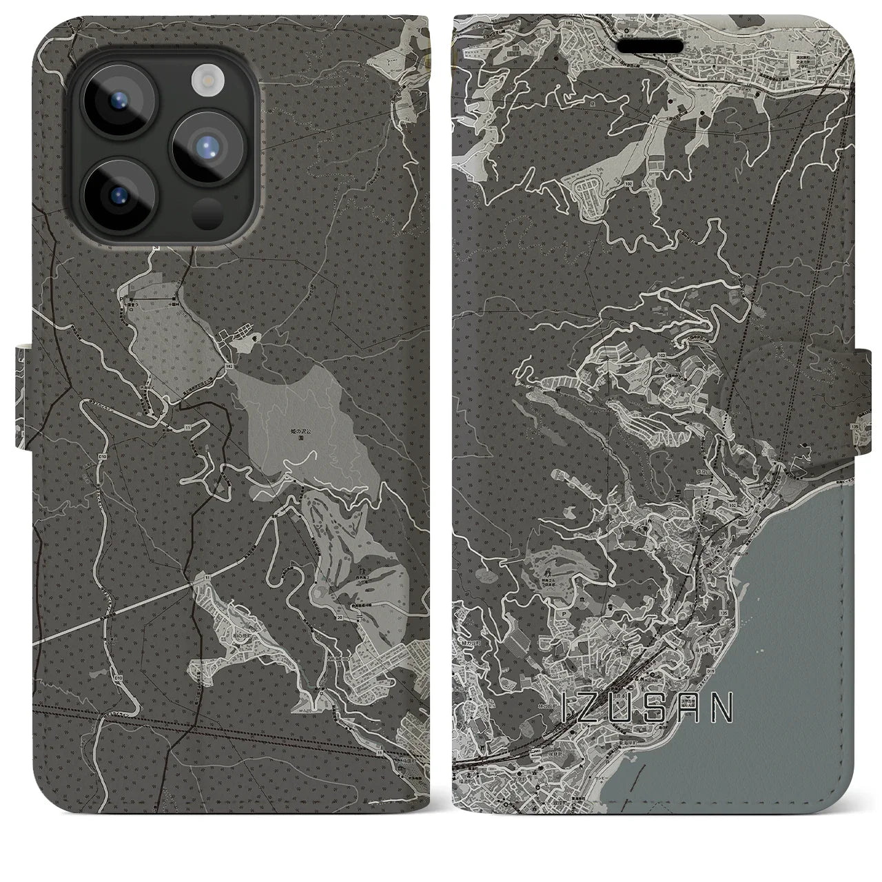 【伊豆山(静岡県)】地図柄iPhoneケース(手帳タイプ)モノトーン・iPhone 15 Pro Max 用