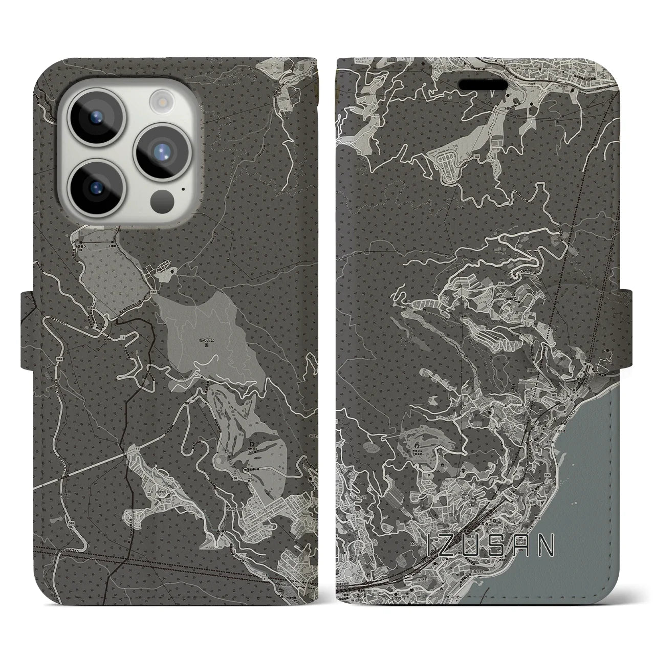 【伊豆山(静岡県)】地図柄iPhoneケース(手帳タイプ)モノトーン・iPhone 15 Pro 用