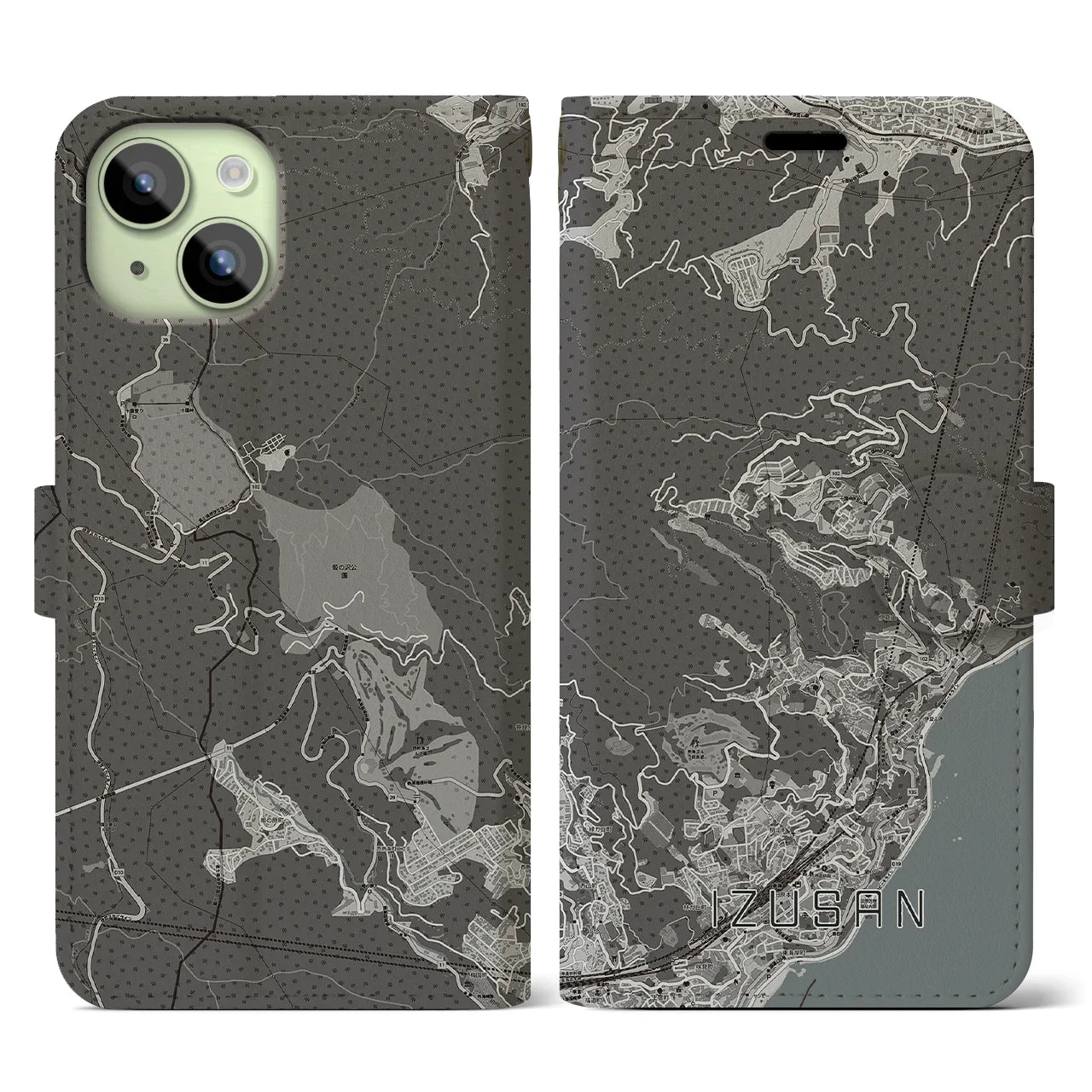 【伊豆山(静岡県)】地図柄iPhoneケース(手帳タイプ)モノトーン・iPhone 15 用