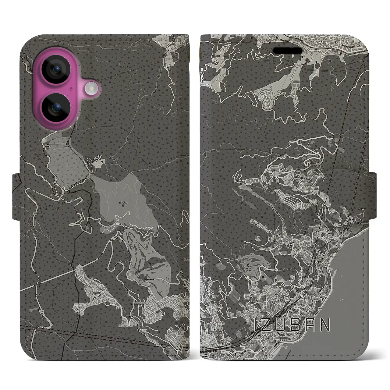 【伊豆山(静岡県)】地図柄iPhoneケース(手帳タイプ)モノトーン・iPhone 16 Pro 用
