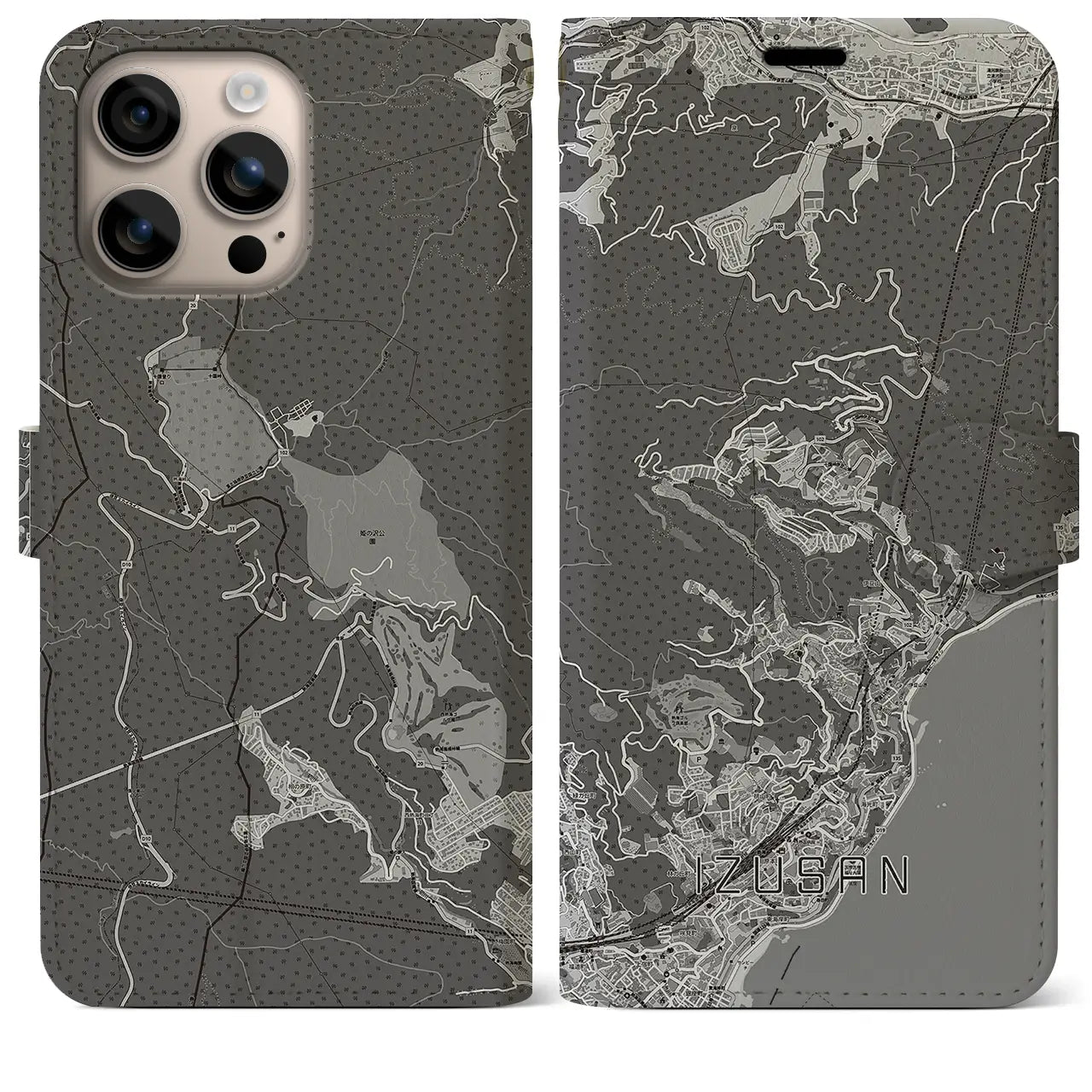 【伊豆山(静岡県)】地図柄iPhoneケース(手帳タイプ)モノトーン・iPhone 16 Plus 用
