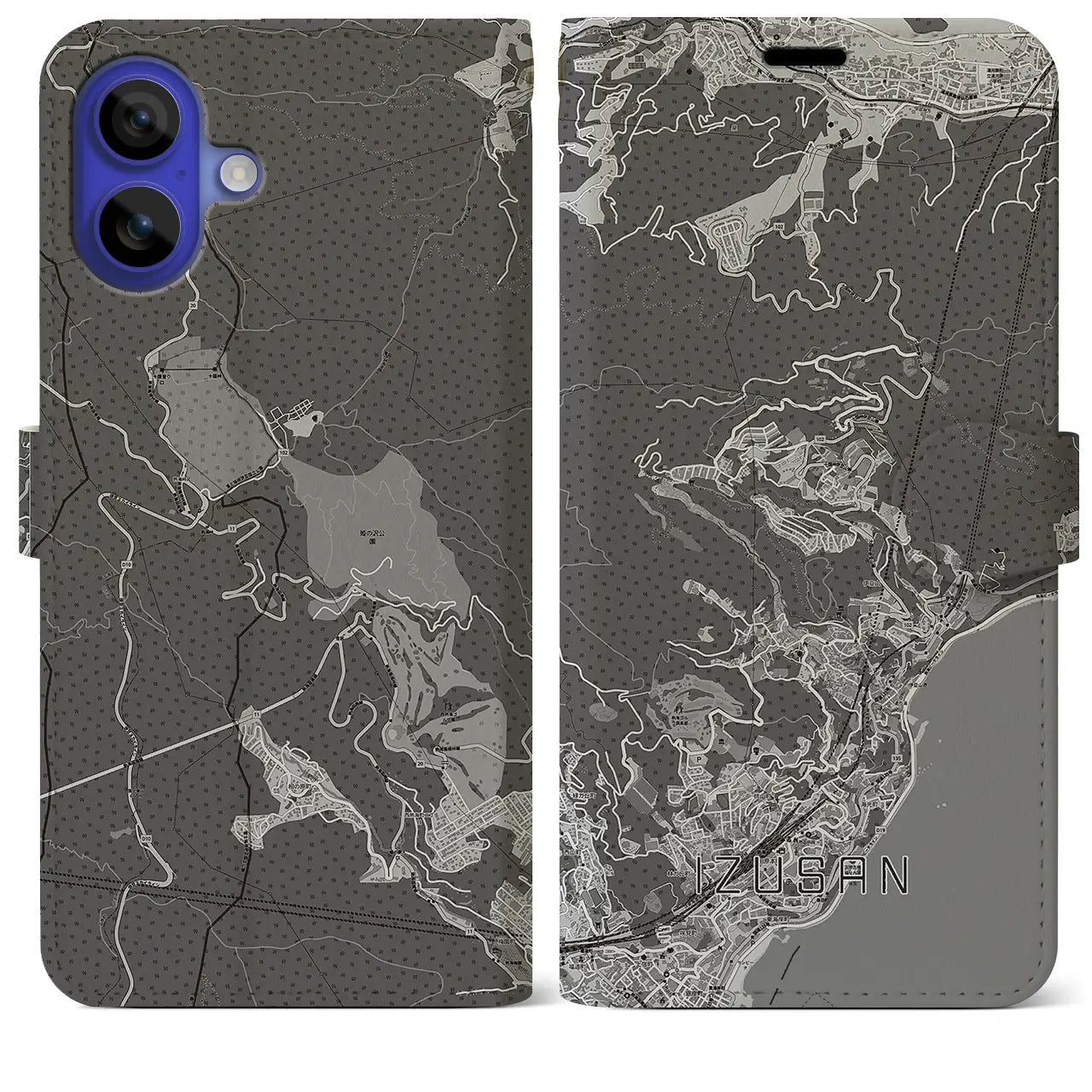 【伊豆山(静岡県)】地図柄iPhoneケース(手帳タイプ)モノトーン・iPhone 16 Pro Max 用