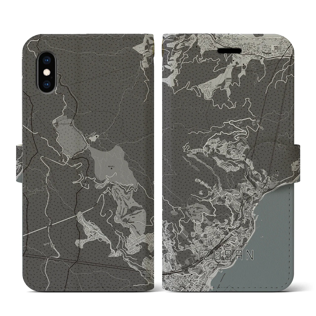 【伊豆山(静岡県)】地図柄iPhoneケース(手帳タイプ)モノトーン・iPhone XS / X 用