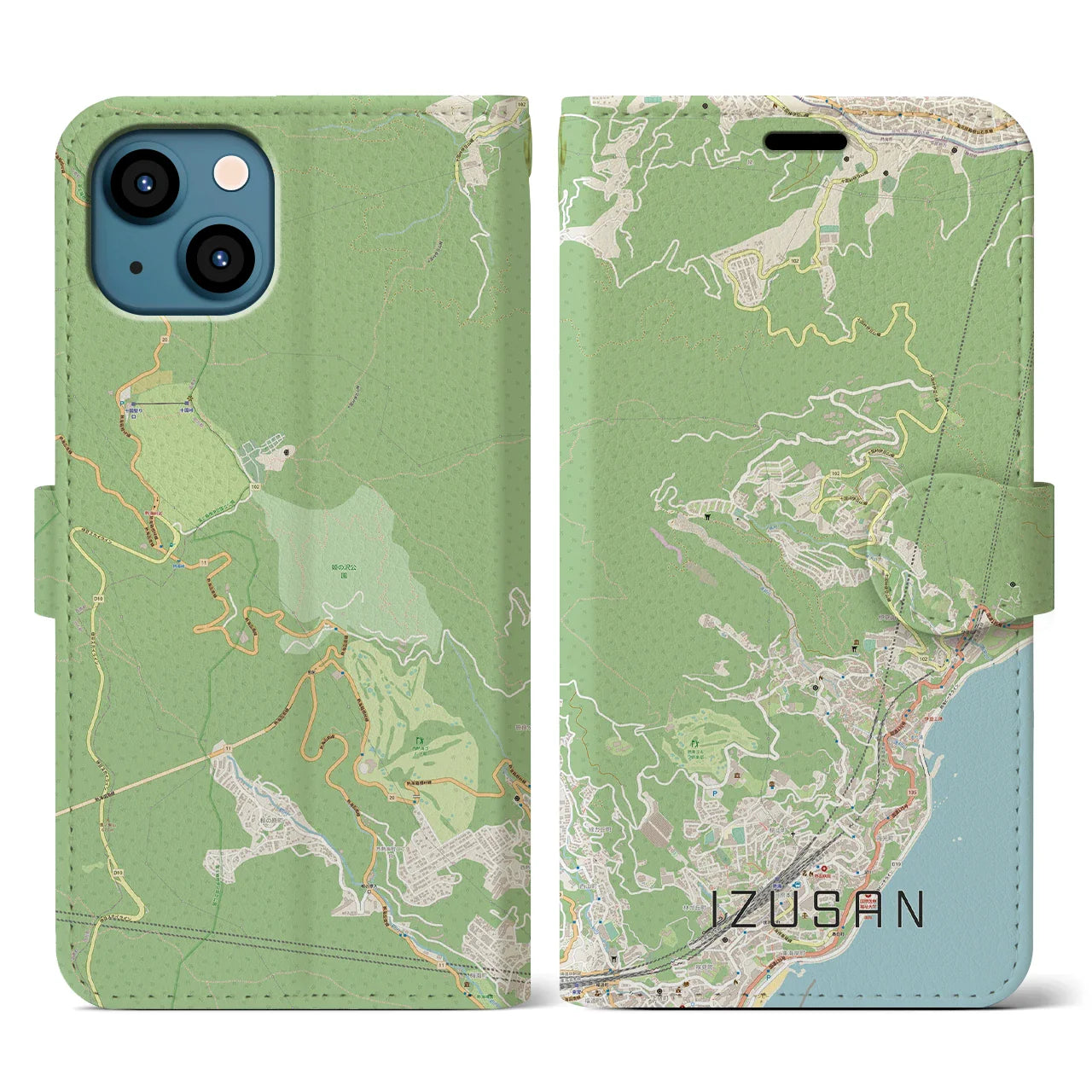 【伊豆山(静岡県)】地図柄iPhoneケース(手帳タイプ)ナチュラル・iPhone 13 用