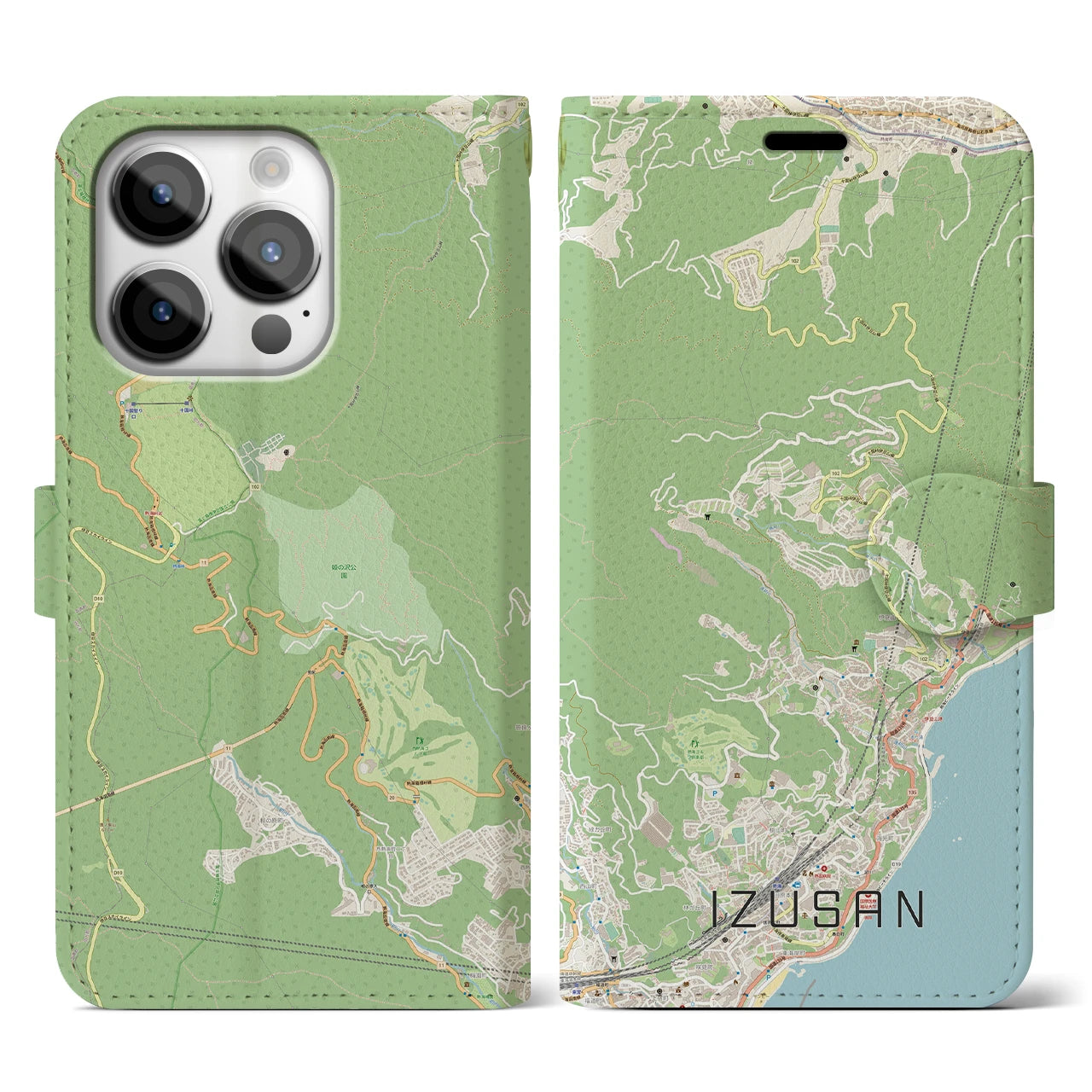 【伊豆山(静岡県)】地図柄iPhoneケース(手帳タイプ)ナチュラル・iPhone 14 Pro 用