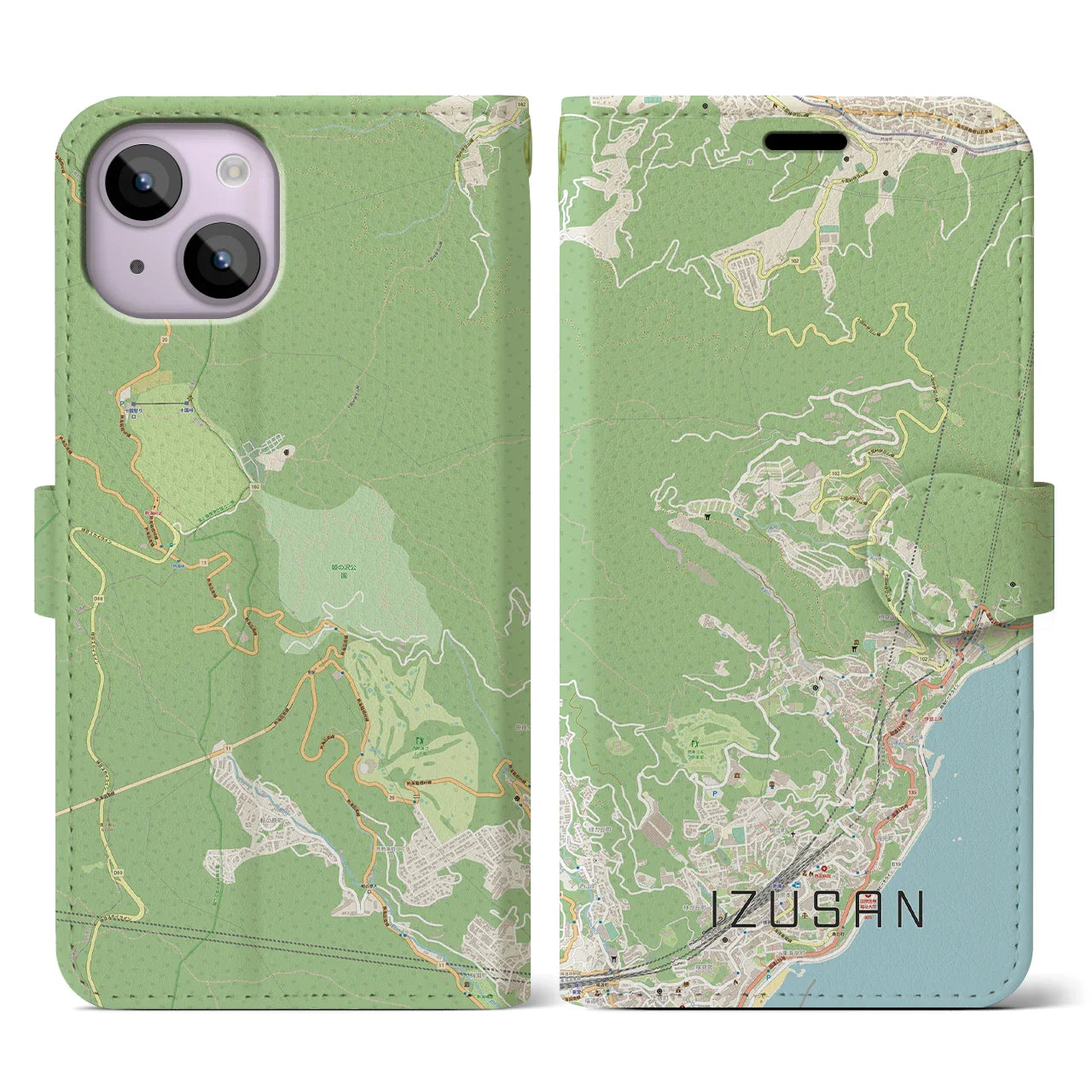 【伊豆山(静岡県)】地図柄iPhoneケース(手帳タイプ)ナチュラル・iPhone 14 用